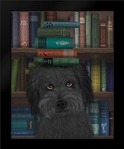 Large 28x35 Black Modern Framed Art Print - Labradoodle & Books Wall Decor for Living Room, Office & Bedroom