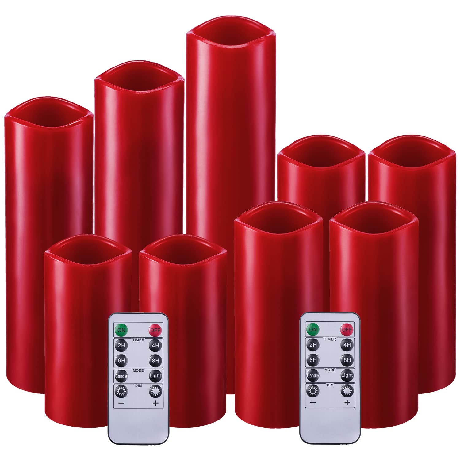 Hausware 9-Piece Flameless LED Candles Set - Battery Operated Real Wax Electric Candles with Remote Control & Timer - Burgundy Color - Perfect for Wedding, Birthday, Halloween, Christmas Home Decor & Party Centerpieces