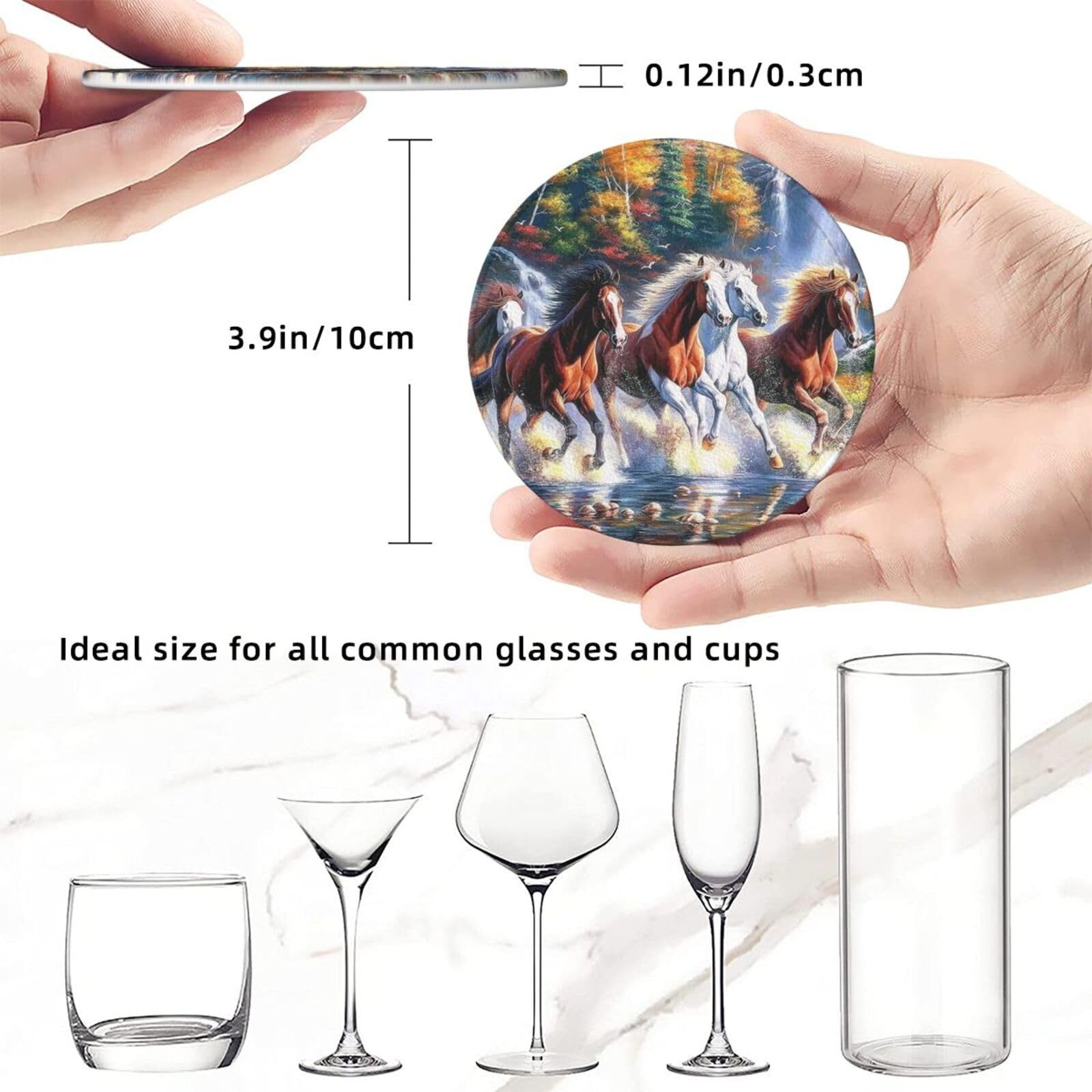 Native American Indian Horse Design Coasters with Holder - Set of 6 Non-Slip Drink Coasters for Coffee Cups, Mugs, and Glasses - Perfect for Home, Office, and Restaurant Use