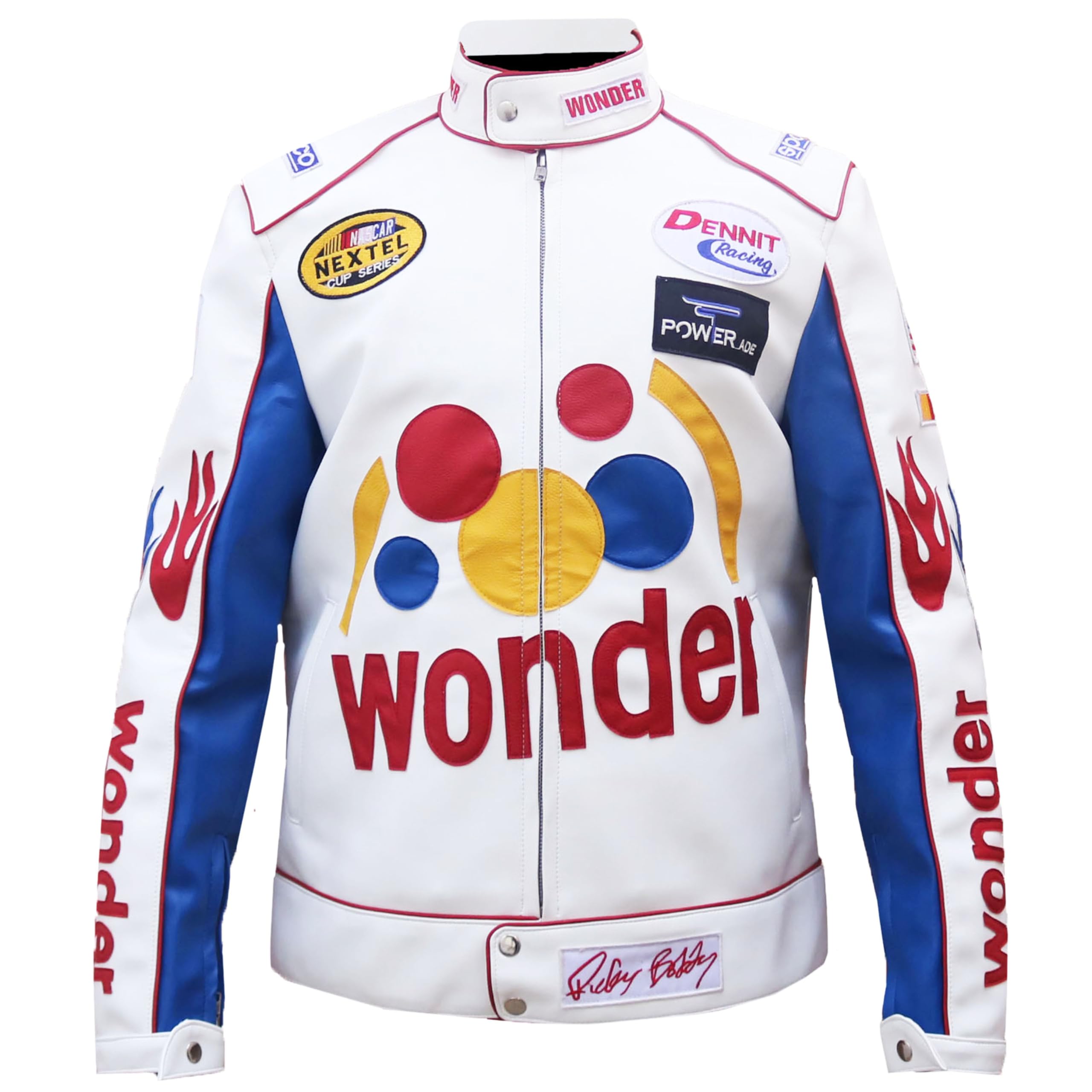 Ricky Bobby White Racing Jacket - Halloween Costume with White Patches | Faux Leather Motorcycle Racer Jacket for Men | Perfect for Cosplay, Halloween Parties & Biker Events