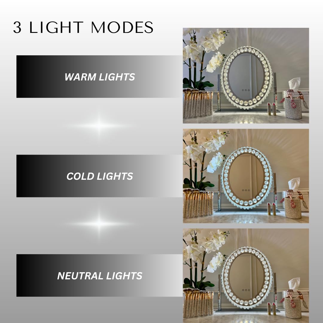 Oval LED Vanity Mirror with Crystal Accents - Illuminated Makeup Mirror with Adjustable Brightness for Perfect Makeup Application at Home or Salon