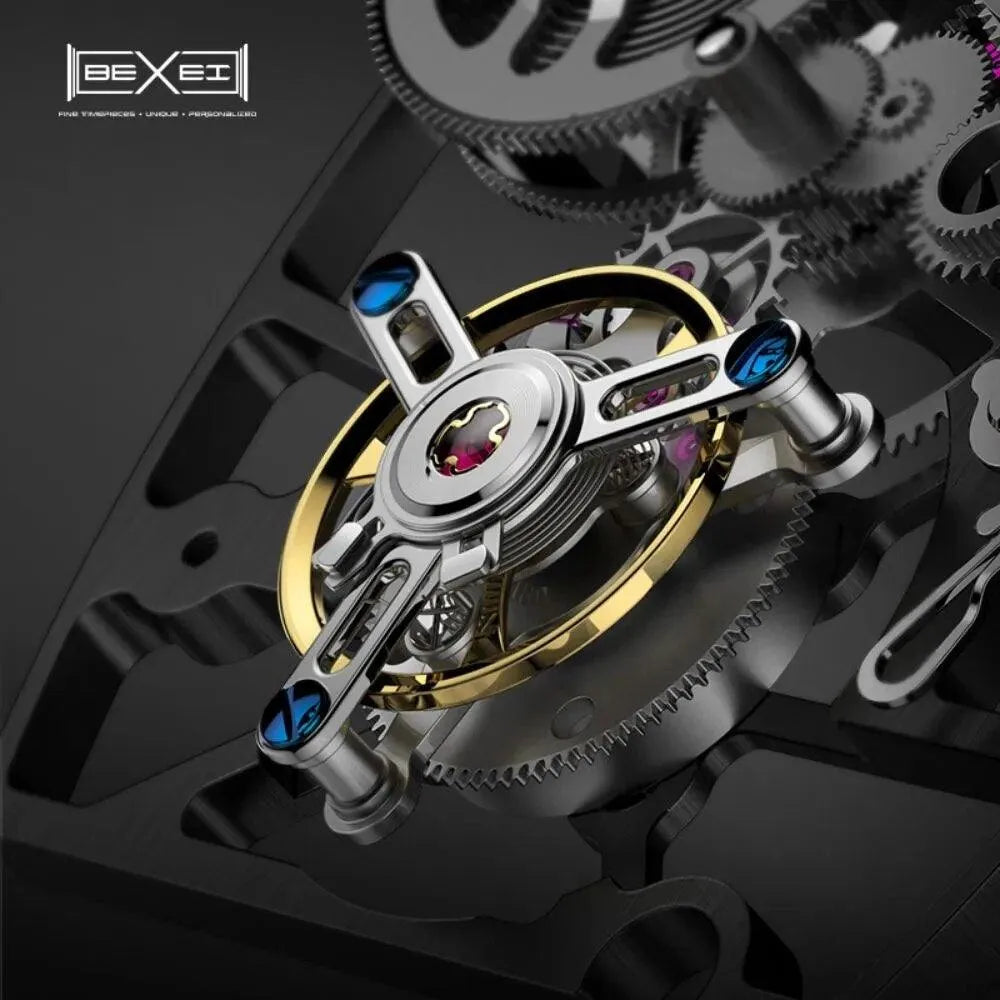 BEXEI 9127 Luxury Men's Transparent Skeleton Tourbillon Watch - K9 Crystal Glass, 72H Power Reserve, Waterproof Mechanical Wristwatch for Business, Formal Events & Gift Giving