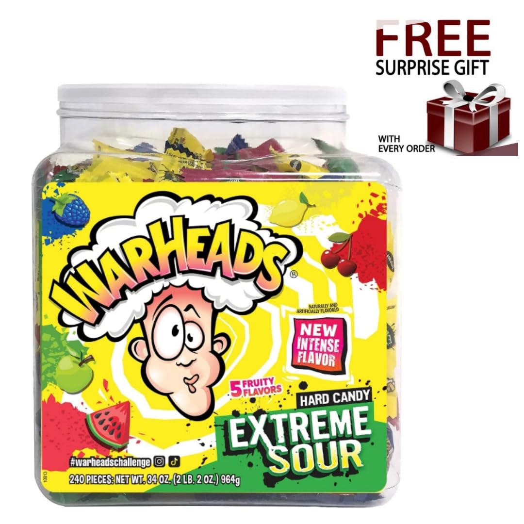 Warheads Extreme Sour Candy - Original 5 Fruit Flavors (2lb Tub, 240 Pieces) | Bulk Sour Candy for Parties, Holidays & Office Treats | Includes Free Surprise Gift - Perfect for Halloween, Birthday Celebrations & Candy Buffets