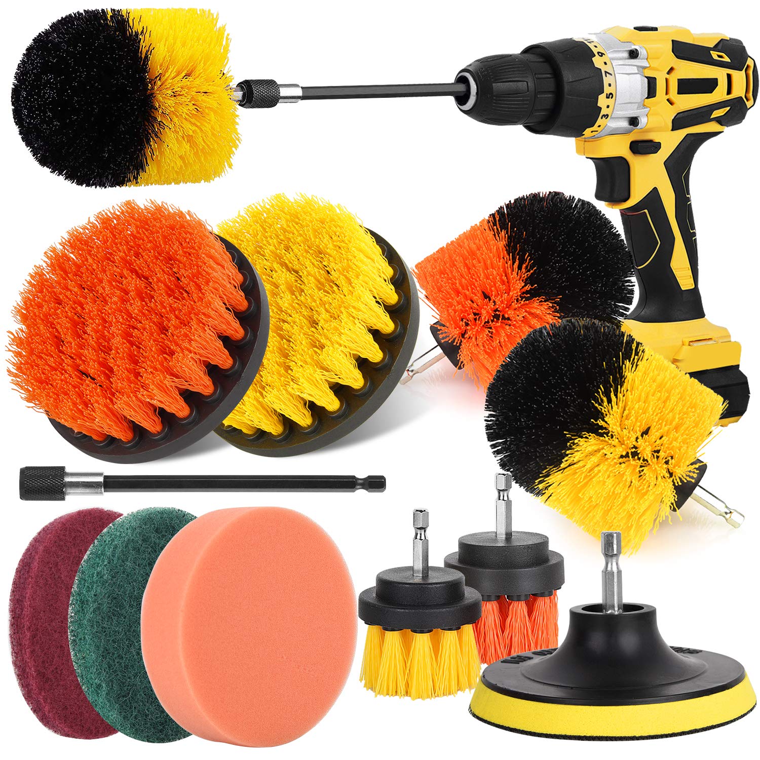 Herrfilk Drill Brush Power Scrubber Set - 6-Piece Drill Brush Attachment Kit with Extension & Scrub Pads for Deep Cleaning Grout, Tiles, Cars, Sinks, Bathtubs - Perfect for Bathroom, Kitchen & Auto Detailing