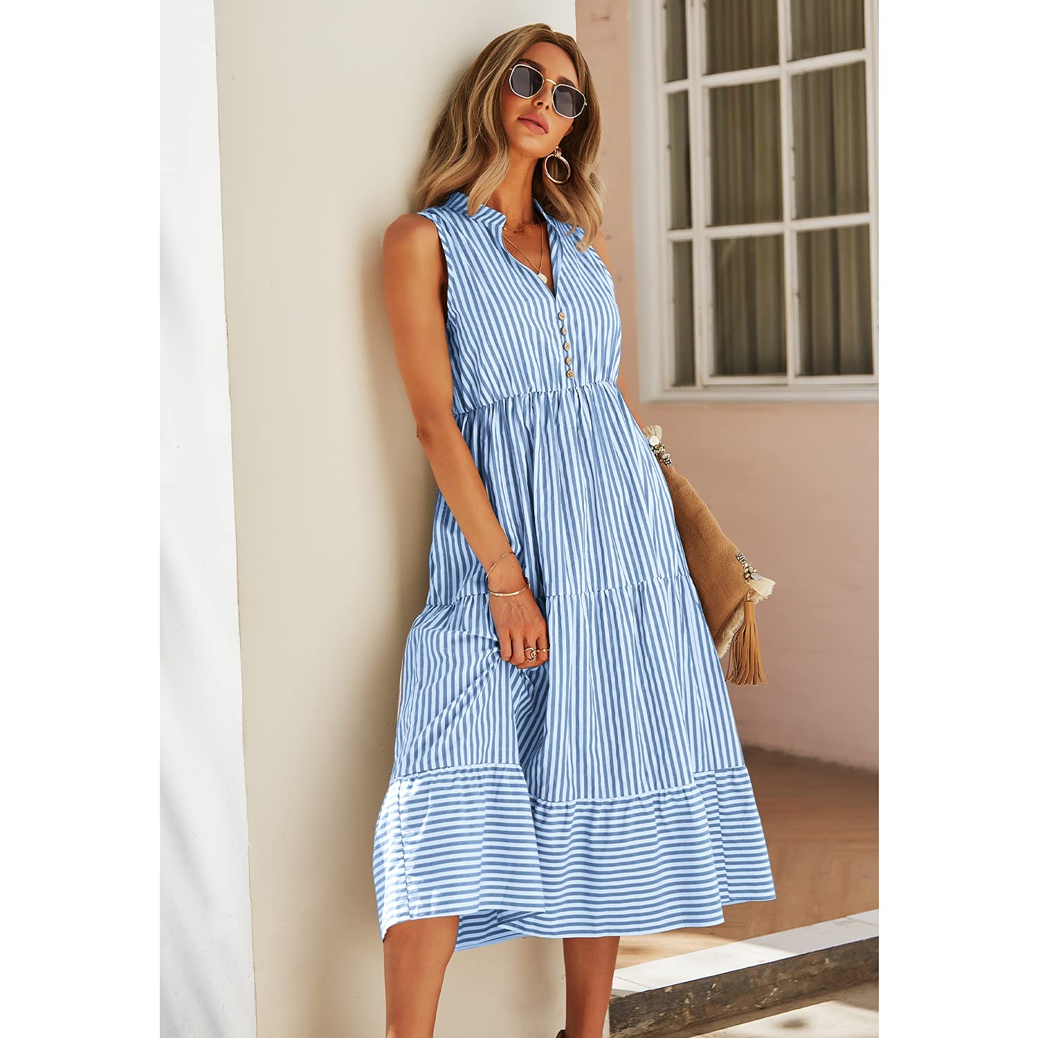 BROVAVE Women's 2025 Summer Sleeveless Striped V-Neck Collar Shirt Dress - Casual Midi Dress for Beach, Office & Date Night Outfits