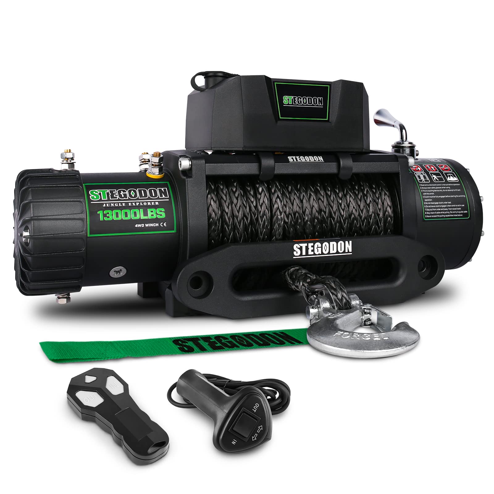 STEGODON 13000lb Electric Winch Kit with Synthetic Rope - 12V Waterproof Winch for Trucks & SUVs | Wireless Remote & Corded Control | Off-Road Recovery, Towing, Heavy-Duty Pulling