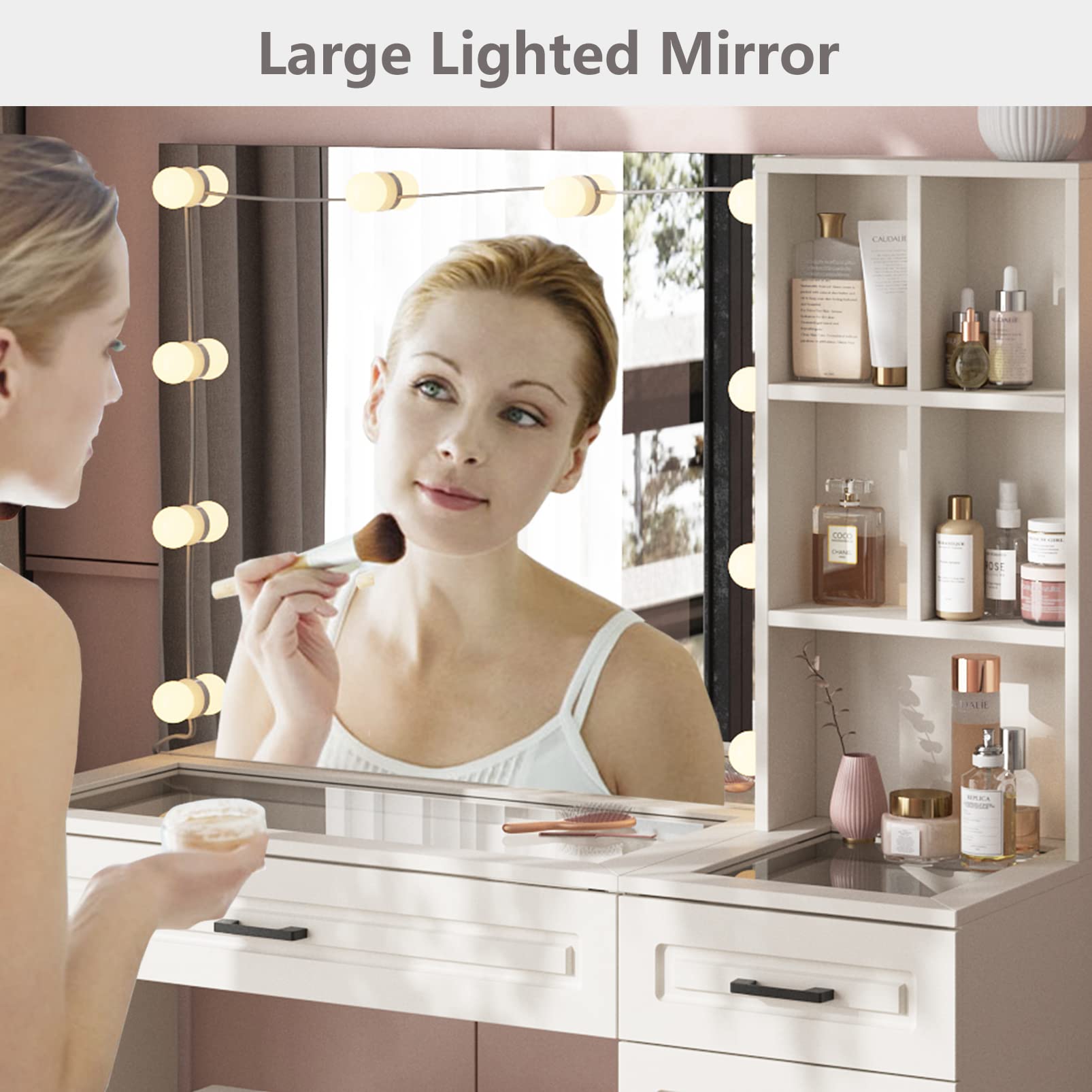 Fameill White Vanity Desk with Mirror and LED Lights - Glass Top Makeup Table with 3 Drawers & Storage Cabinets - Large HD Mirror Dressing Table - 3 Lighting Modes & Adjustable Brightness - 45 Inch Vanity Desk for Bedroom, Bathroom & Dorm Room Makeup Organization
