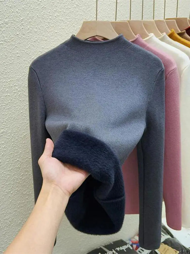 Women's Solid Half High Neck Velvet Sweater - Korean Fashion Warm Knitwear Long Sleeve Pullover Top for Autumn Winter | Cozy Casual Wear, Office Outfits & Holiday Layering