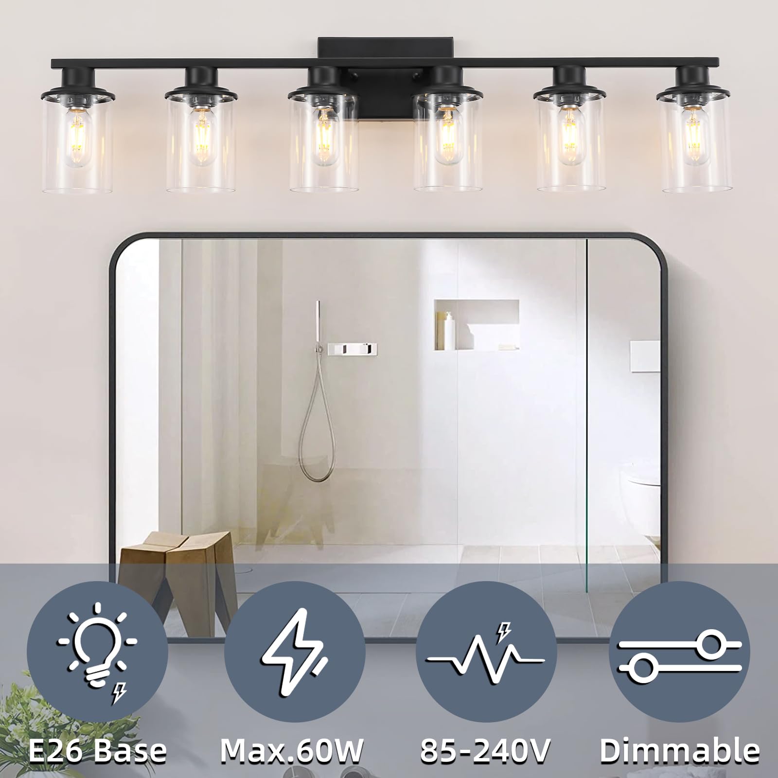LOUSACE 6-Light Modern Bathroom Vanity Light Fixture - Matte Black Wall Sconce with Clear Glass Shade - Perfect for Bathroom Mirror Lighting, Bedroom & Living Room Décor - Ideal for Home Renovation and Interior Design Projects