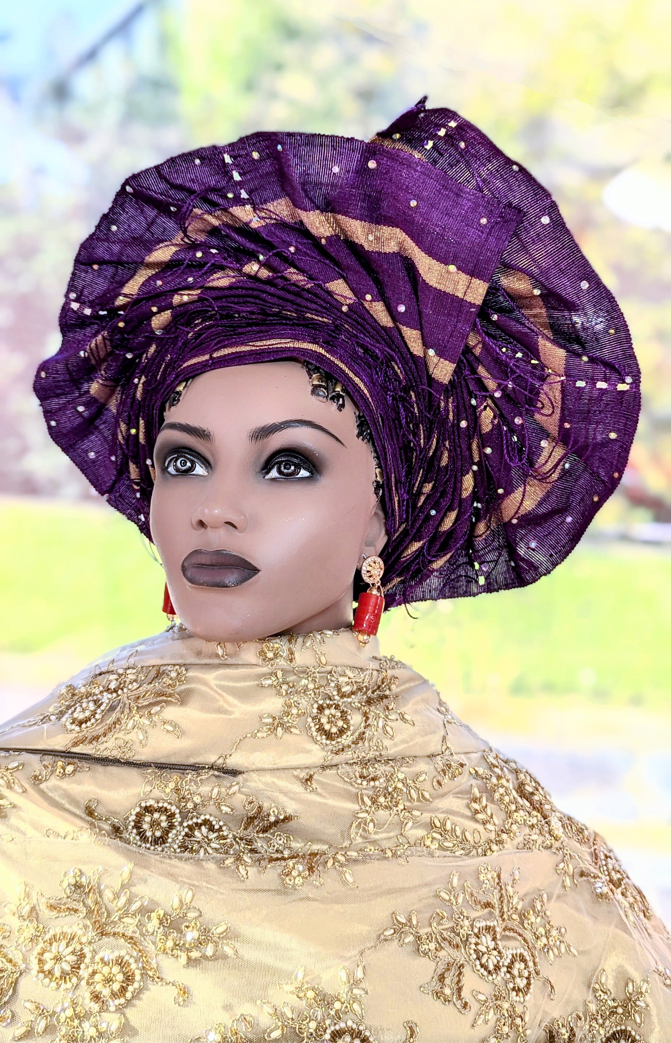Eliseh Purple & Gold Stripes African Aso Oke Pre-Tied Head Wrap | Elegant Autogele for Women | Perfect for Weddings, Church & Cultural Events