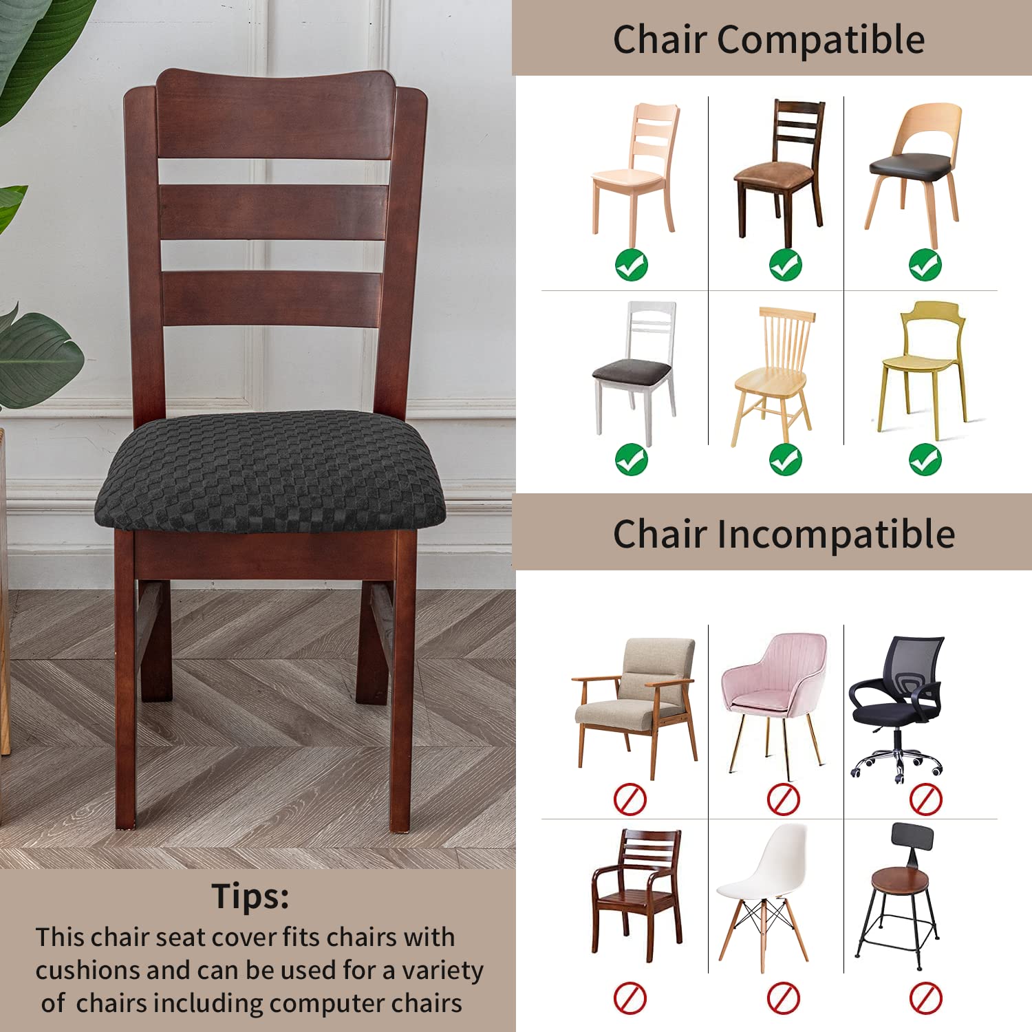 Waterproof Jacquard Dining Room Chair Covers - Set of 6 Dark Grey Washable Seat Protectors for Kitchen & Dining Chairs - Perfect for Family Meals, Parties & Spill Protection