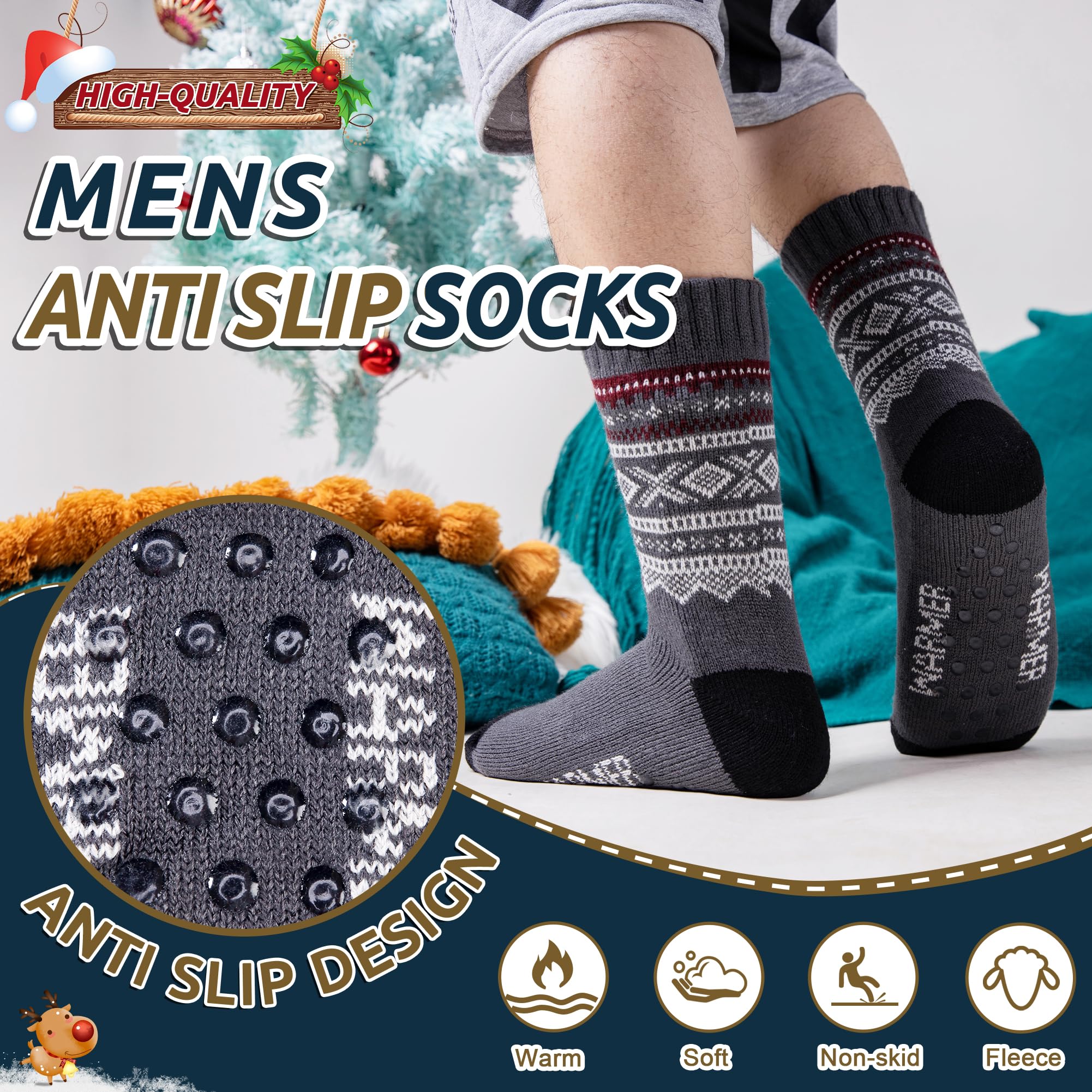 Men's Fleece Lined Thick Winter Slipper Socks - Non-Slip Fuzzy Warm House Shoes for Indoor Comfort & Cozy Sleeping - Perfect for Cold Weather, Lounging at Home and Relaxation
