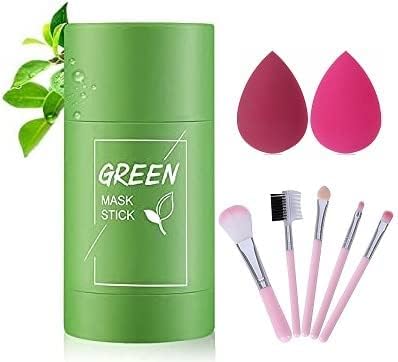 LA VENUST Green Tea Stick Mask with Soft Bristles - 5 Piece Pink Makeup Brush Set & 2 Beauty Sponges for Women & Girls | Perfect for Skincare Routine & Makeup Application