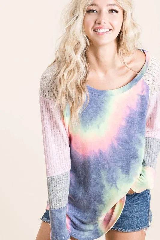 BiBi Tie Dye Terry Top with Color Block Pointelle Knit | Women's Casual Short Sleeve Shirt | Perfect for Summer Outings, Beach Vacations & Music Festivals