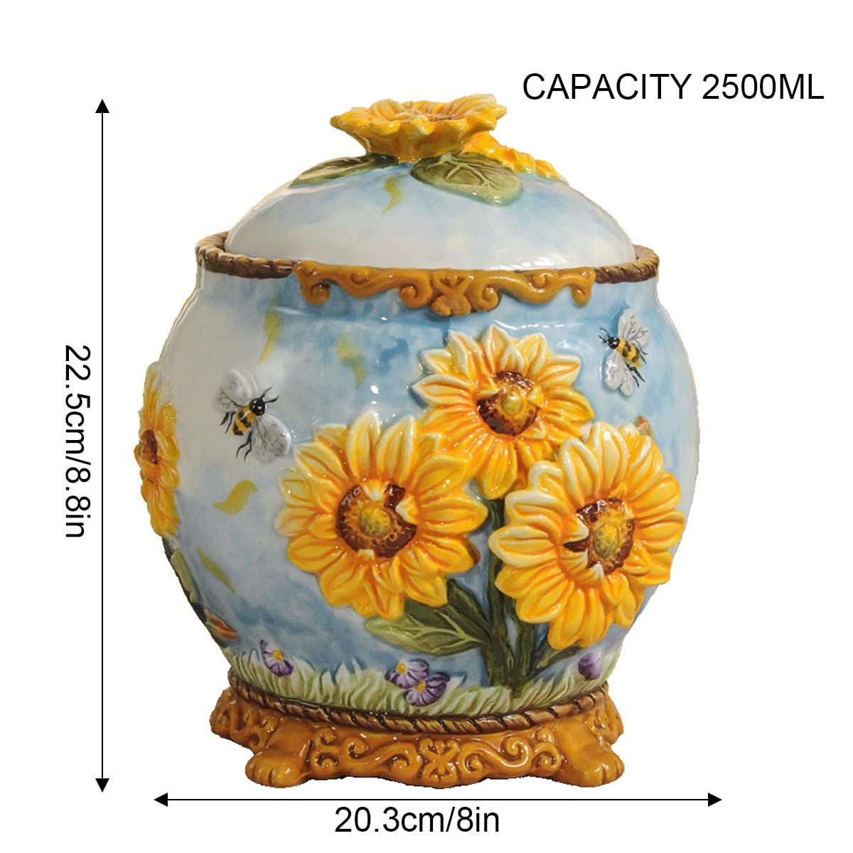 European Style Sunflower Ceramic Food Storage Jar with Lid - 84.5oz/2500ml Airtight Tea, Coffee, Spice & Snack Container - Perfect for Kitchen Pantry, Coffee Station & Home Decor