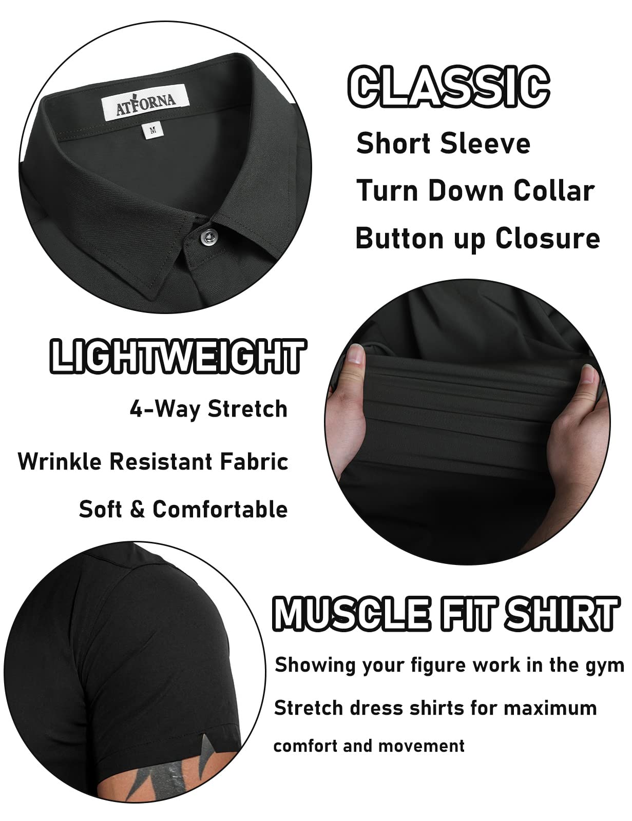 Men's Athletic Slim Fit Stretch Dress Shirts - Short Sleeve Solid Business Casual Button Down Shirt for Gym to Office Wear