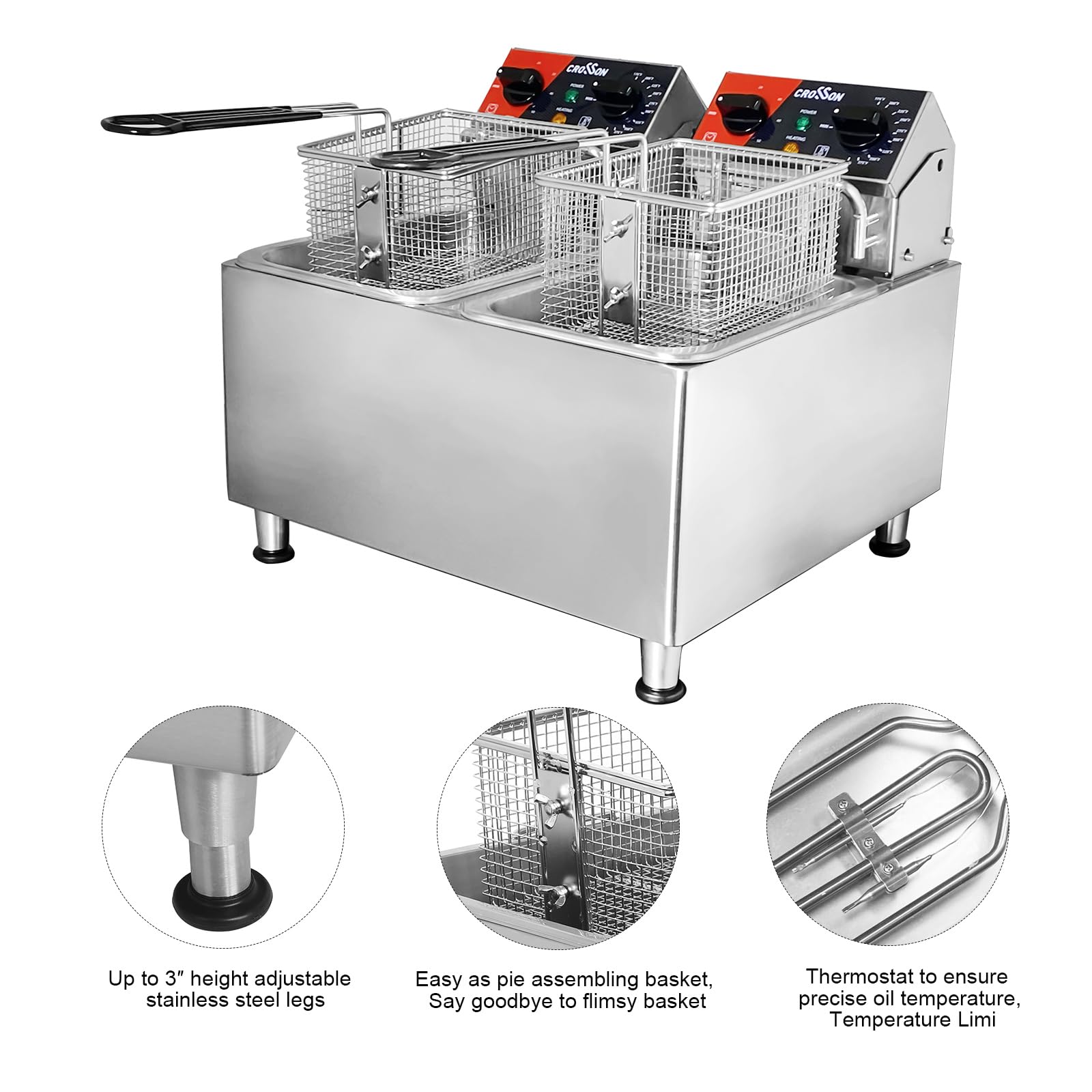CROSSON 20Lbs Dual Tank Electric Deep Fryer with Rotary Fryer Head, 30-Minute Timer & Removable 304 Stainless Steel Oil Tank - Commercial & Home Use for Chicken, Fish, French Fries & Donuts