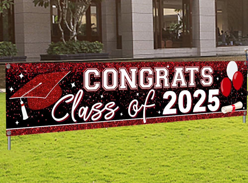 Large Class of 2025 Graduation Banner - Red Backdrop Yard Sign for Graduation Party Decorations & Supplies | Perfect for Outdoor Celebrations, School Events & Photo Backdrops