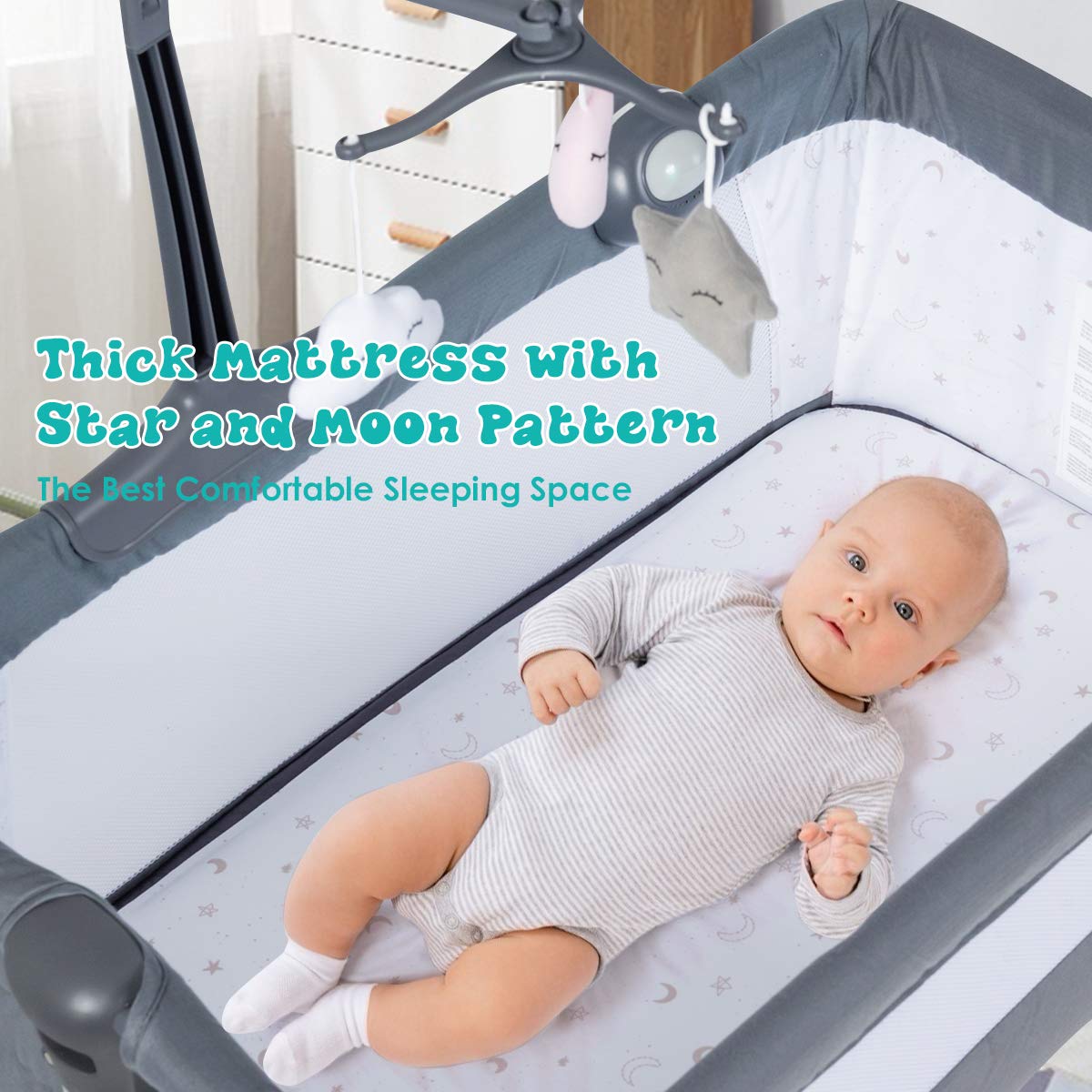 HONEY JOY Portable Foldable Baby Bedside Crib with Toy Arch, Music & Breathable Mesh - Adjustable Height Co-Sleeping Bassinet with Thick Mattress for Newborns & Infants (Dark Gray) | Perfect for Nursery, Bedroom & Travel Use