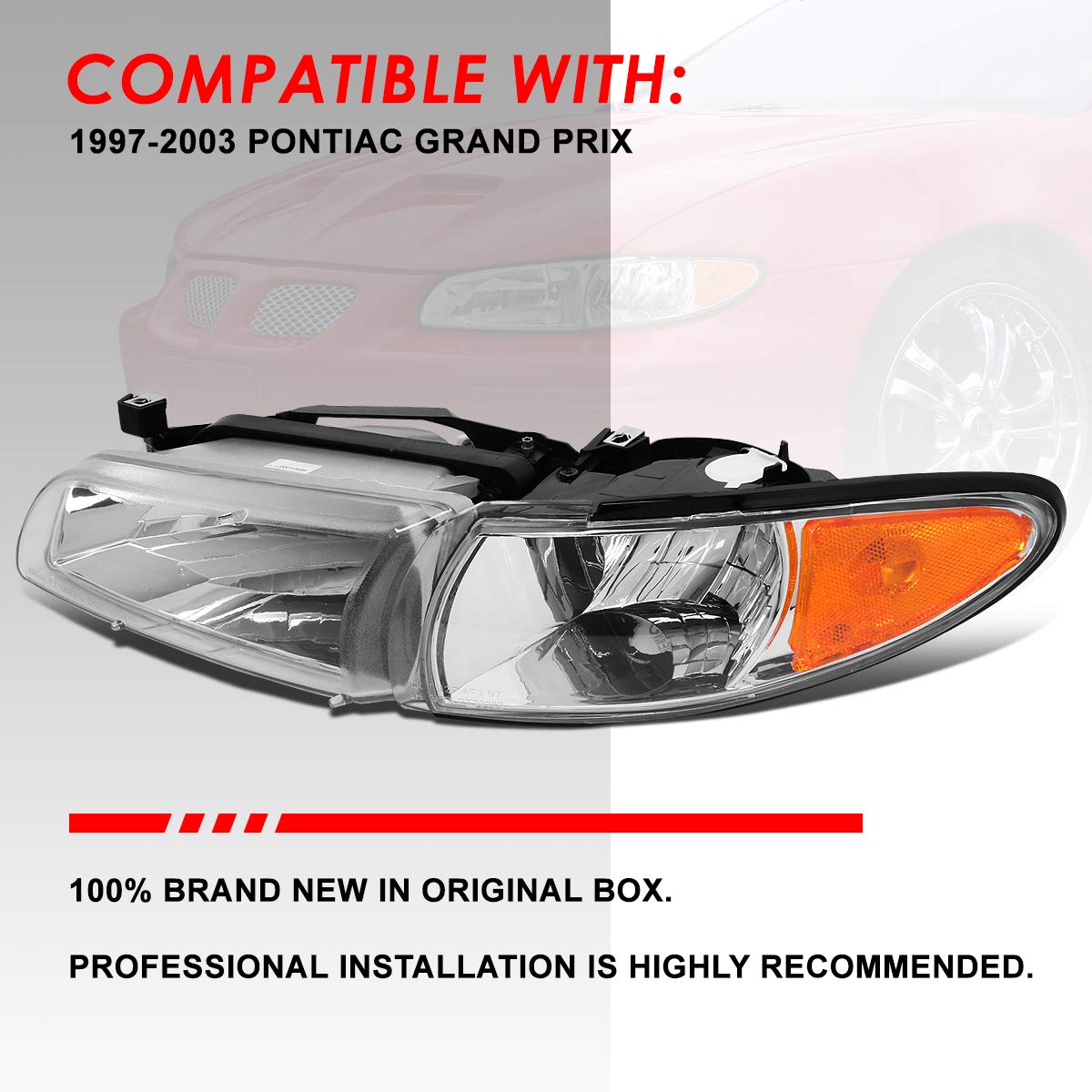 OE Style Chrome Housing Amber Corner Headlights with Turn Signal Lamps - Compatible with Pontiac Grand Prix 1997-2003 - Perfect for Night Driving & Car Restoration Projects