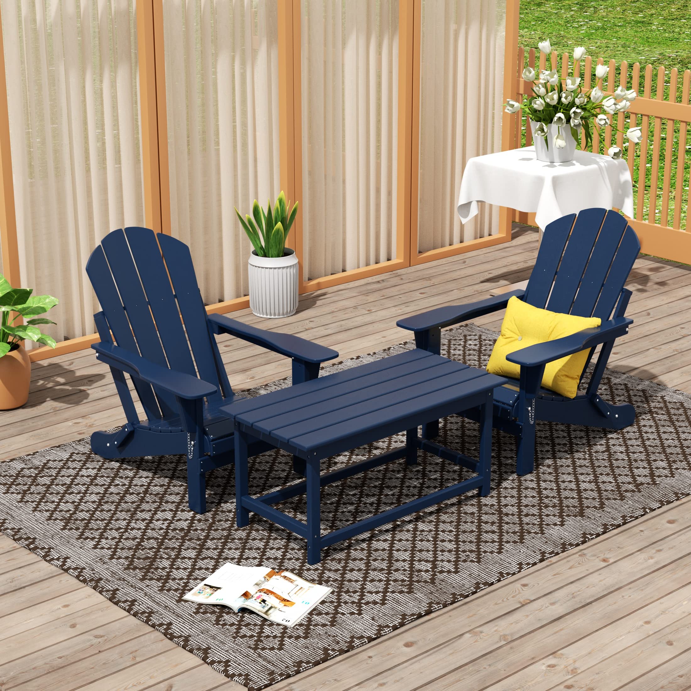 Adirondack Chairs Set of 3 with Table - Outdoor Folding Furniture for Garden, Patio & Camping (Navy Blue)