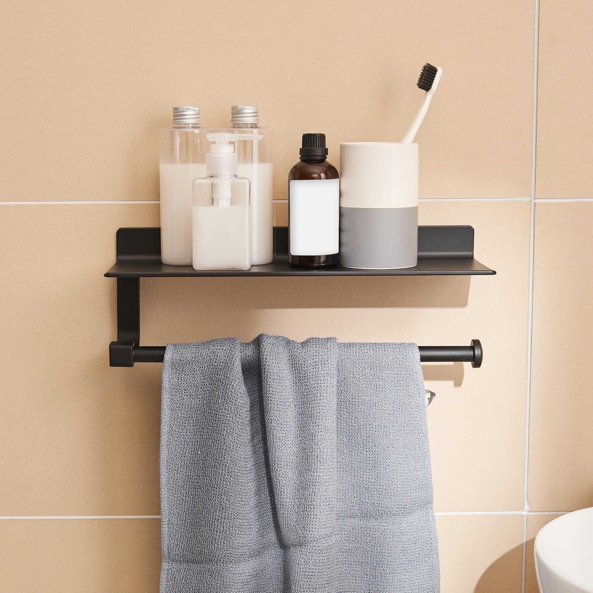 JOOM Black Wall Mounted Hand Towel Holder with Shelf - Bathroom & Kitchen Paper Towel Organizer - Perfect for Small Spaces, RVs, and Laundry Rooms