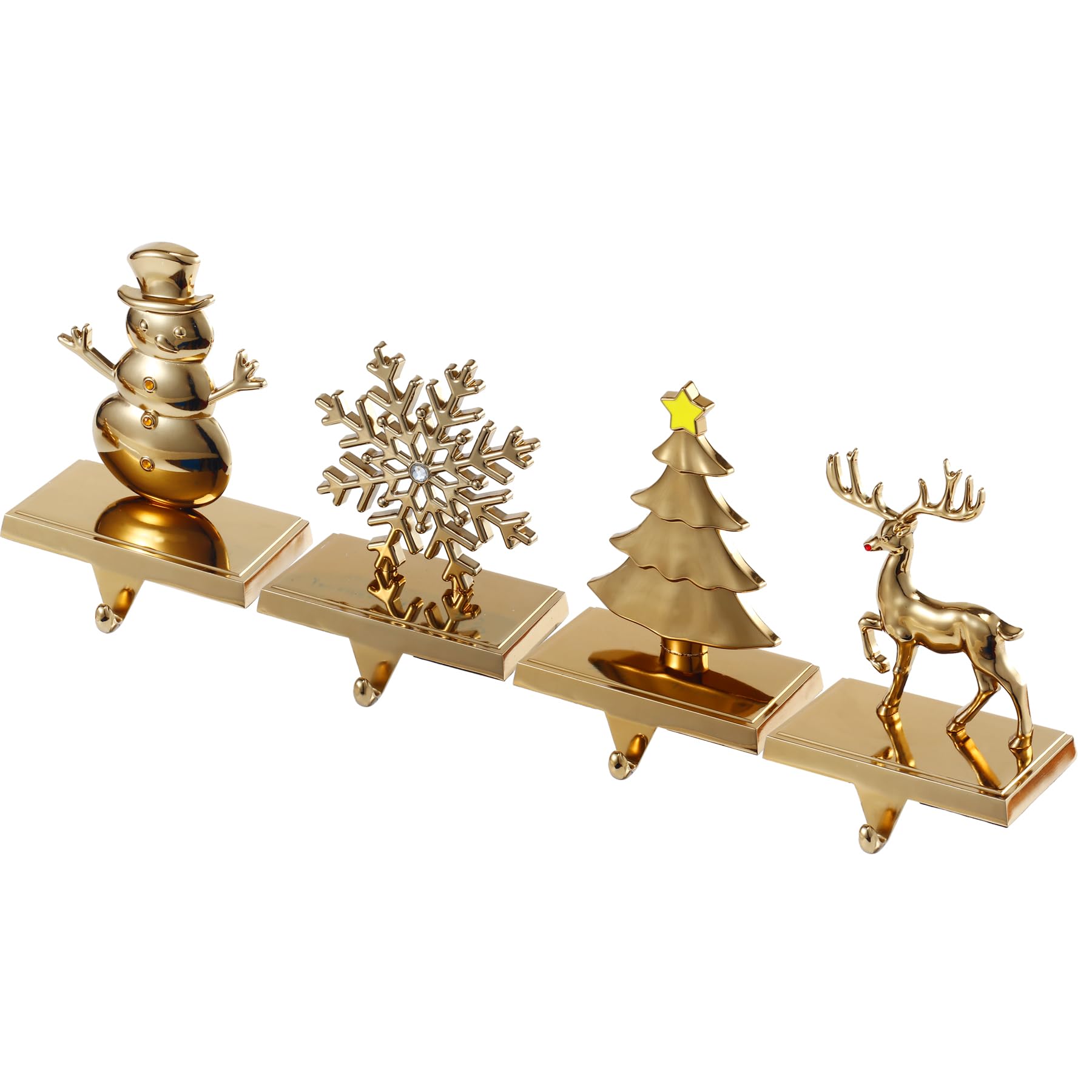 4-Pack Antique Gold Christmas Stocking Holders for Fireplace Mantel - Snowflake, Snowman, Reindeer & Tree Design - Durable Metal Hooks for Holiday Decor - Perfect for Christmas Home Decor & Gift Hanging
