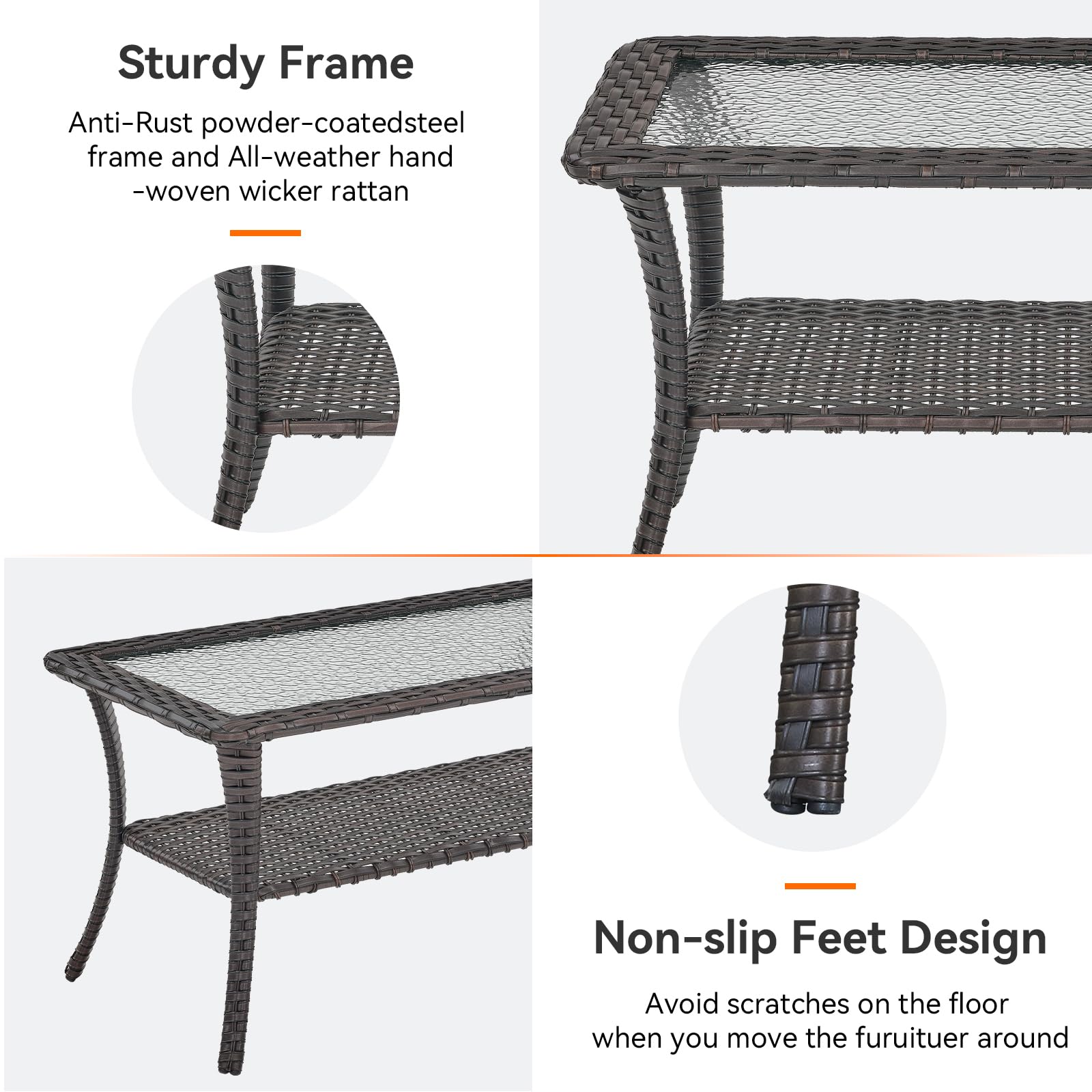Outdoor Rattan Wicker Coffee Table with Tempered Glass Top & 2-Tier Storage - Patio Furniture for Deck, Porch, Balcony, Garden - Brown - Perfect for Outdoor Entertaining and Relaxation