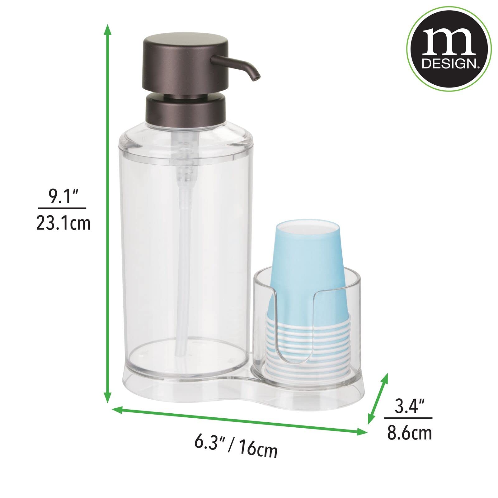 mDesign Plastic Refillable Mouthwash Dispenser with 8 Paper Cups - Bathroom Vanity Organizer for Countertop & Cupboard - Clear/Bronze Lumiere Collection - Perfect for Home, Hotel & Dental Office Use