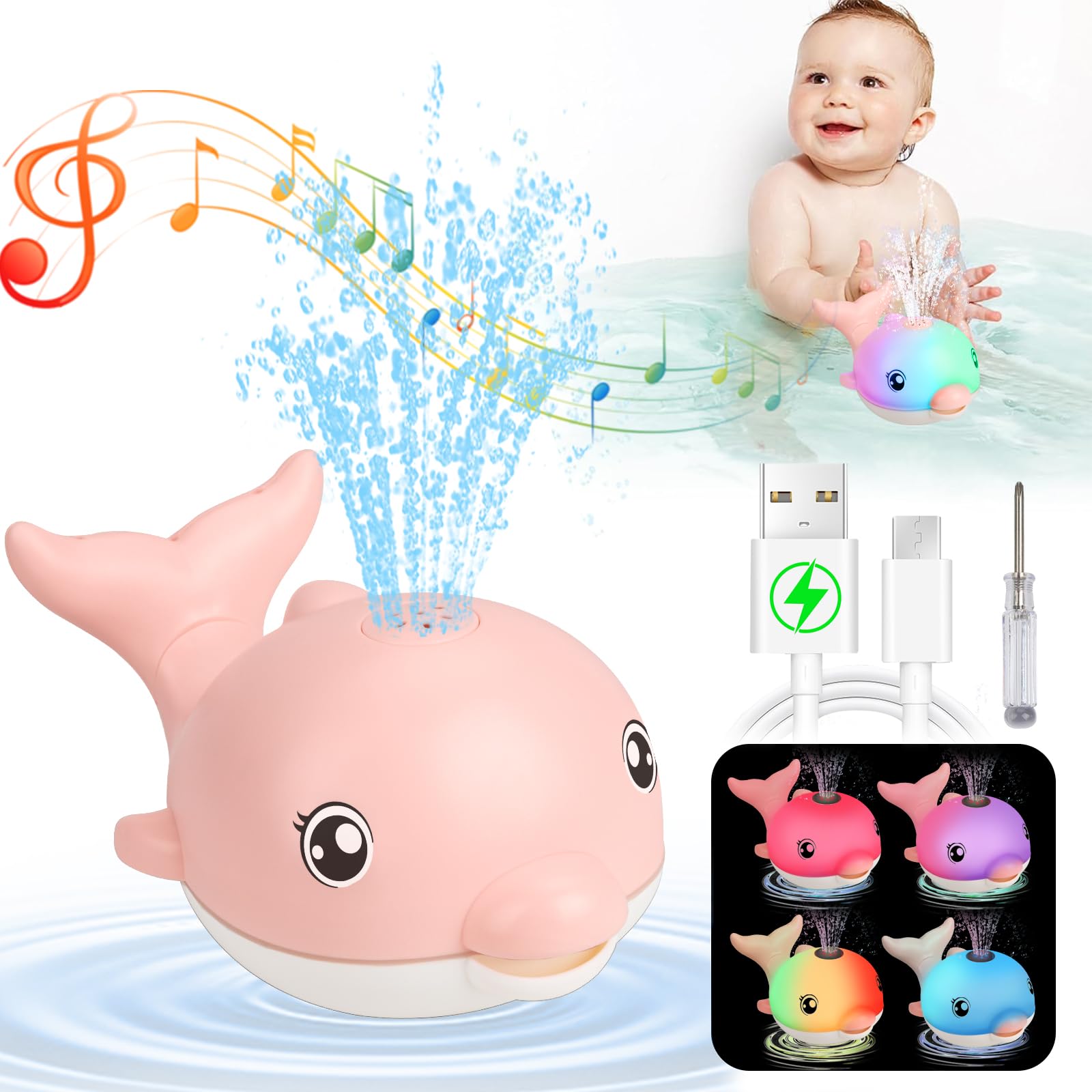 Rechargeable Light Up Dolphin Bath Toys for Babies 6-18 Months - Musical Sprinkler Bathtub Toys for Toddlers 1-4 Years Old Boys & Girls | Easter Basket Stuffers & Kids Birthday Gifts | Fun Bath Time & Sensory Play for Infants