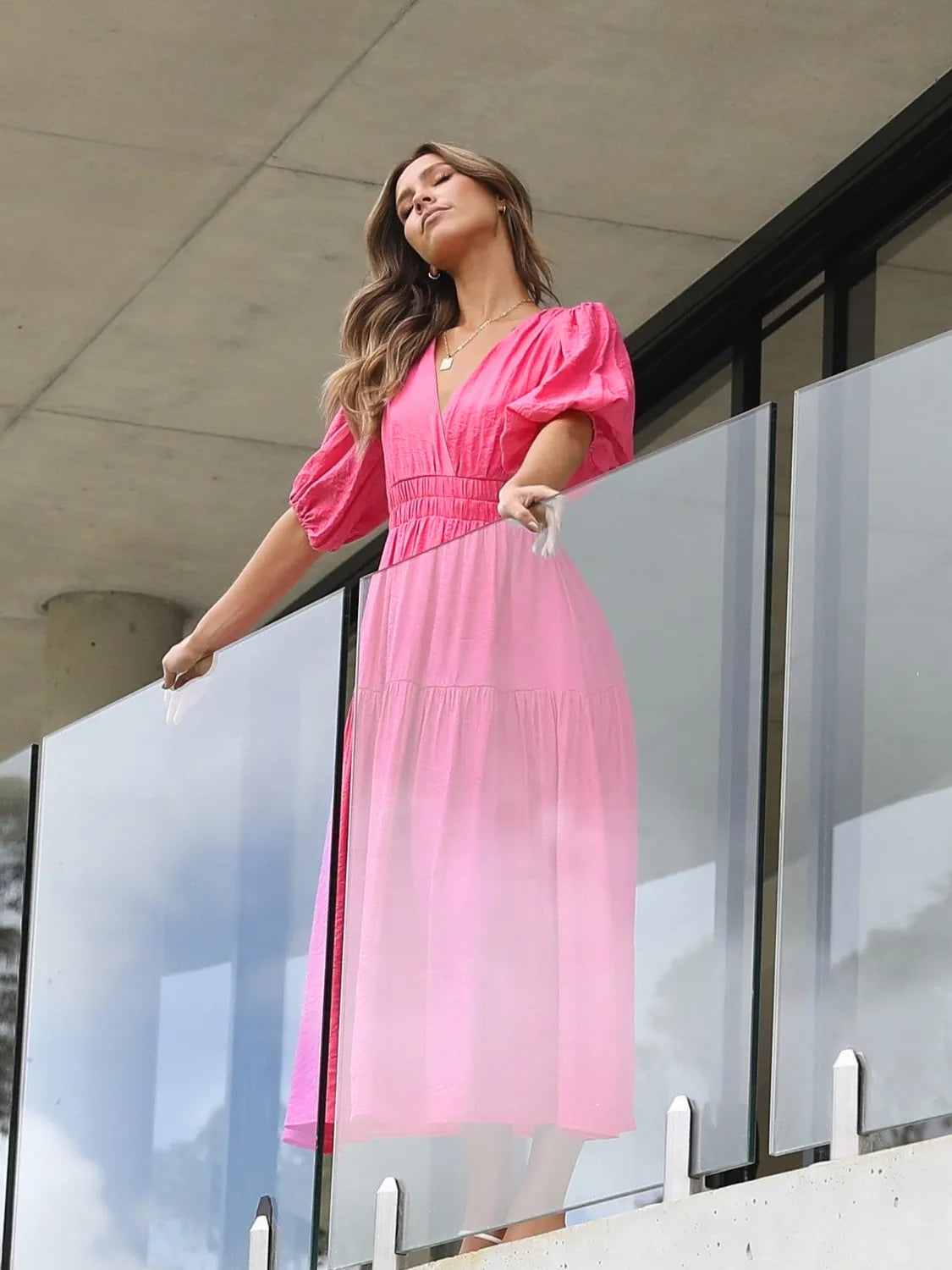 Elegant Surplice Neckline Half Puff Sleeve Midi Dress for Women | Flowy Summer Dress for Beach, Wedding & Cocktail Parties
