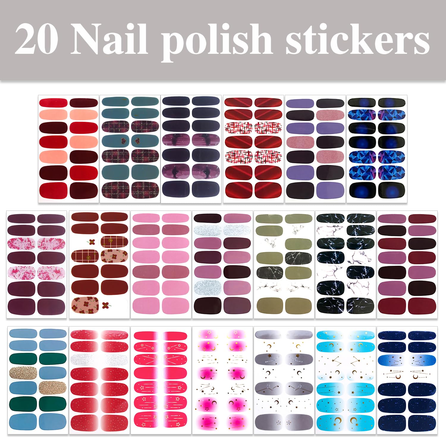 WOKOTO 20 Sheets Moon & Stars Nail Polish Strips - Gradient Nail Stickers, Full Nail Wraps for Women, Gel Nail Strips with Real Polish Effect - Perfect for DIY Manicures, Parties & Special Occasions