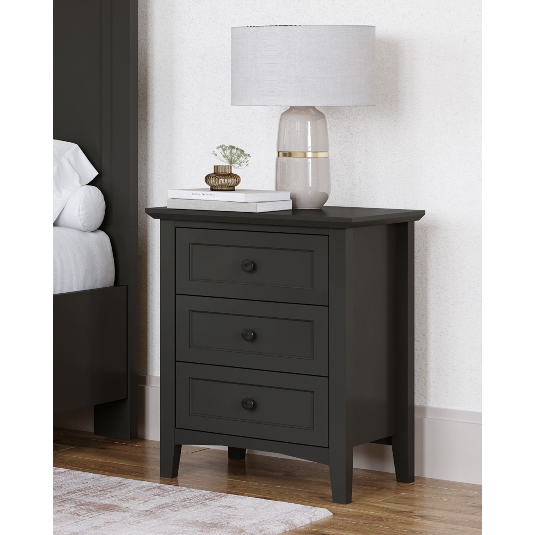 Grace 3-Drawer Nightstand in Raven Black - Modern Bedside Table for Bedroom, Living Room & Guest Room Storage