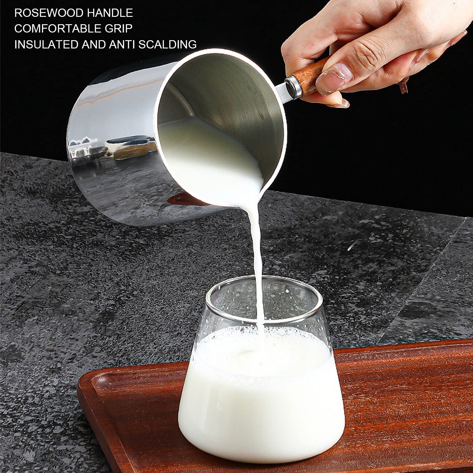 Stainless Steel Butter Warmer 15 oz - Turkish Coffee Pot & Mini Milk/Coffee Warmer with Wooden Handle - Perfect for Melting Chocolate, Heating Maple Syrup, Sauces & More - Ideal for Kitchen, Camping & Coffee Lovers