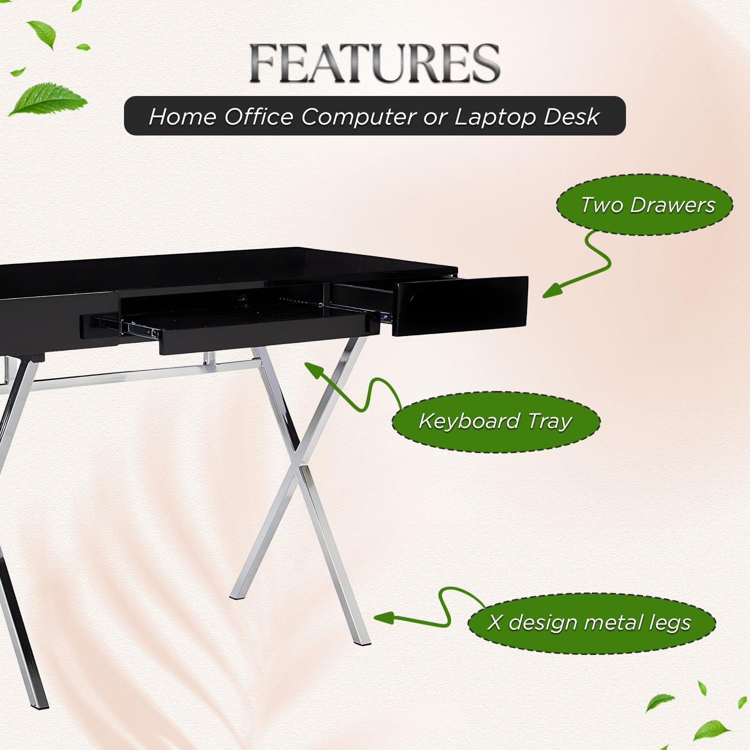 Kings Brand Modern Home & Office Desk - Black Chrome Contemporary Writing Desk for Study, Workstation & Home Office