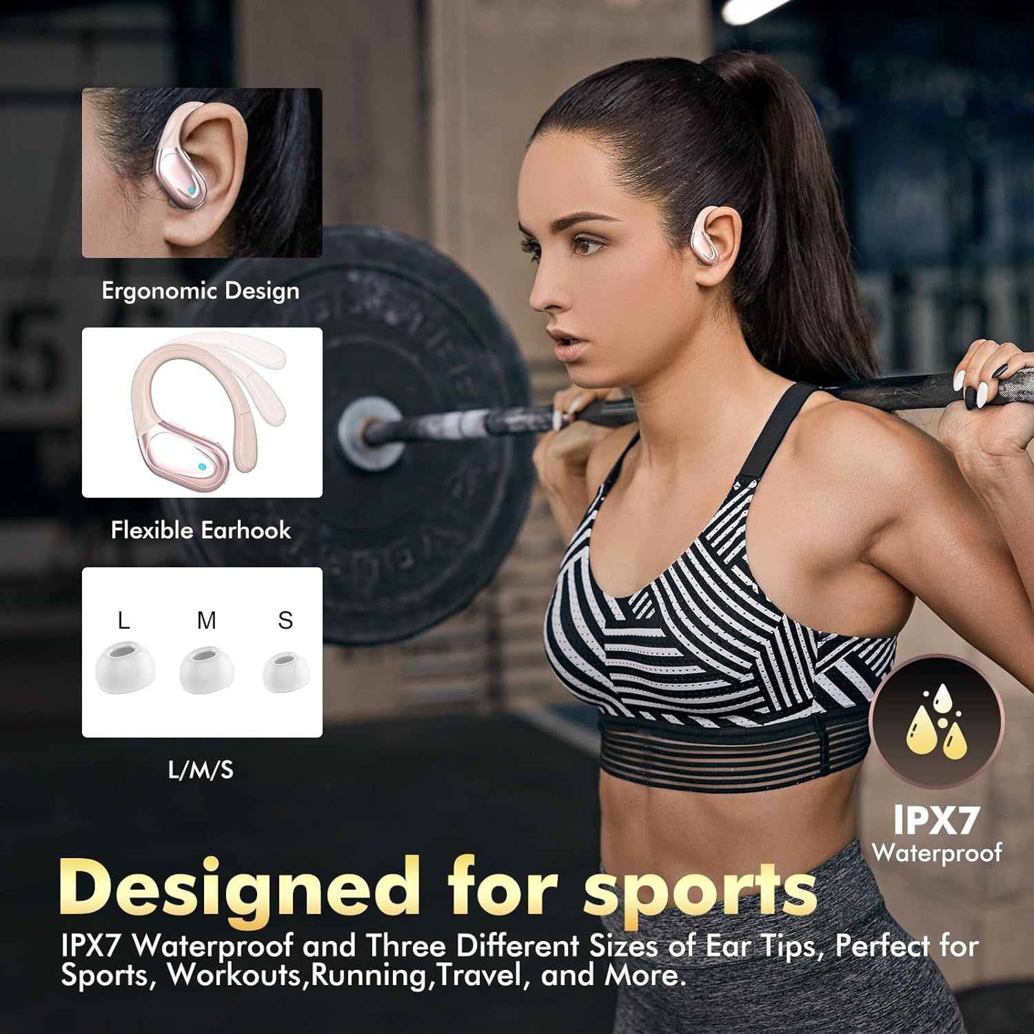 Wireless Bluetooth Earbuds with Earhooks - 80H Playtime, ENC Noise Cancelling, IP7 Waterproof - HD Mic Stereo Sport Headphones for Running, Workout, Gym & Outdoor Activities (Rose Gold)