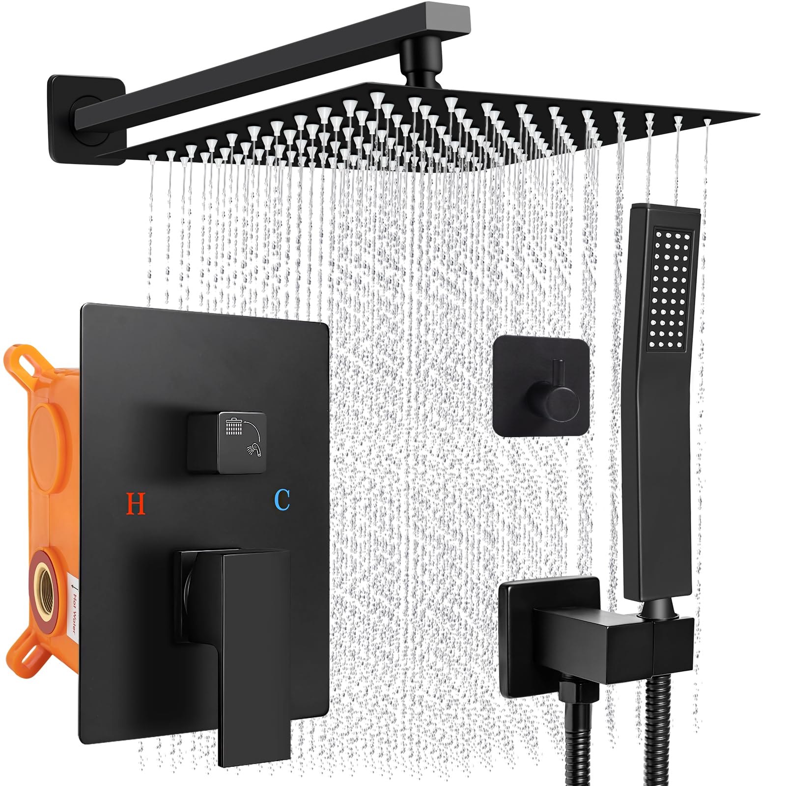 Premium Matte Black Shower Faucet Set - 12 Inch Rainfall Shower System with Square Shower Head, High Pressure Handheld Spray & Wall Mounted Valve Trim Kit for Luxury Bathroom Upgrade (Ideal for Master Bath, Spa-Like Experience)