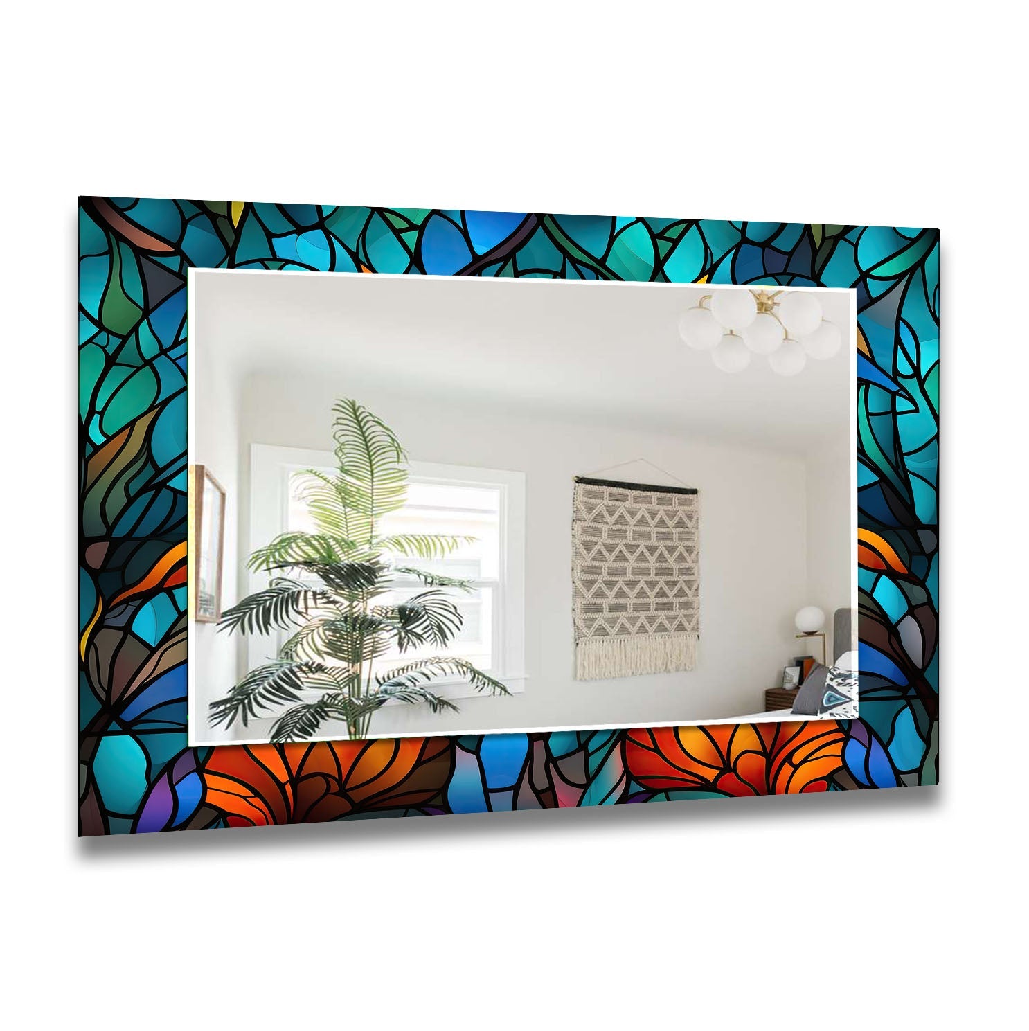 Blue Orange Leaf Wall Mirrors - Decorative Round Mirror for Living Room, Bedroom, Bathroom - Boho Home Decor Accent Piece