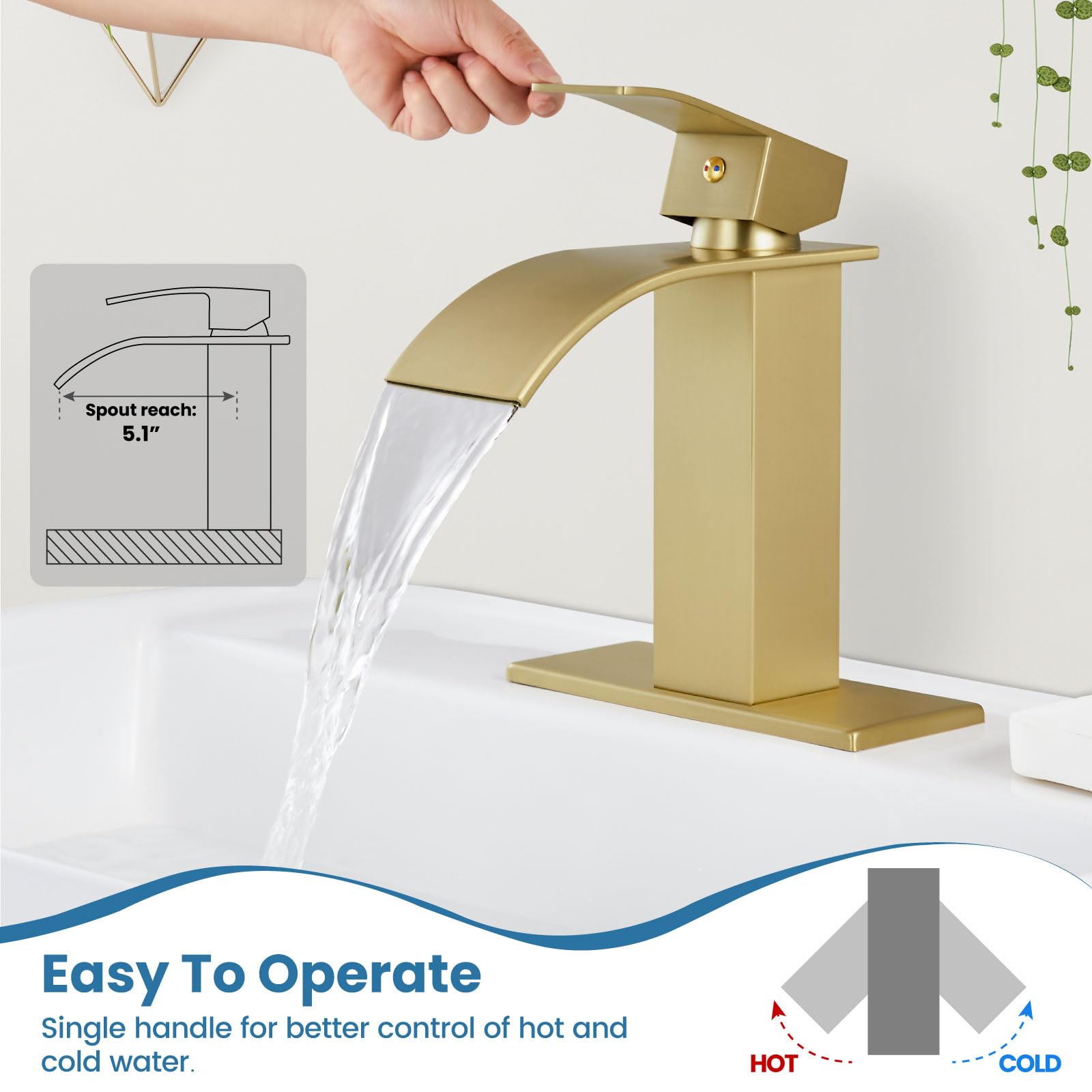 Brushed Gold Waterfall Bathroom Faucet - Single Handle Sink Tap for Vanity & RV Use