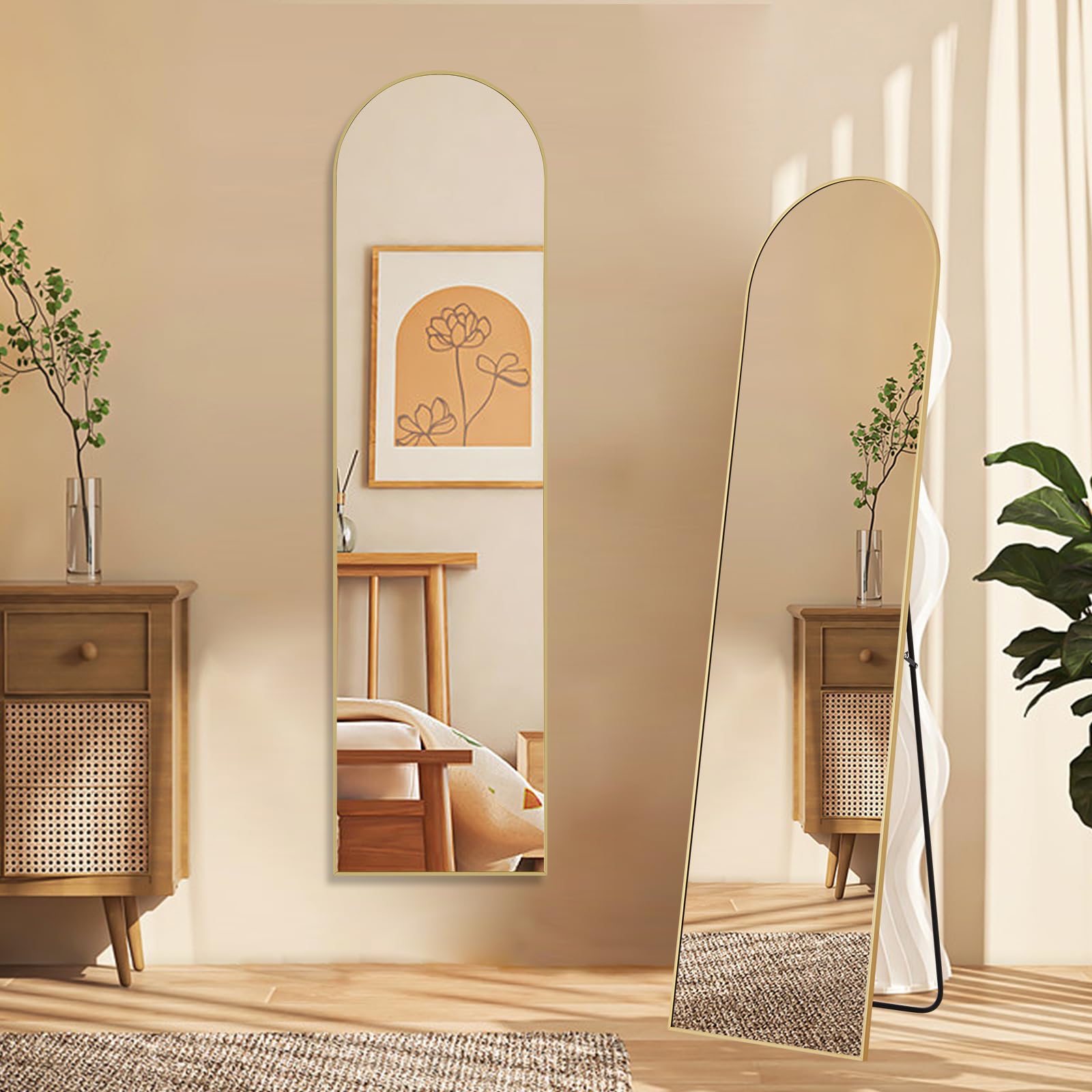 NEWBULIG Arched Full Body Mirror Floor Standing Mirror - 59 x 16 Inch Large Wall Mounted or Freestanding Mirror with Durable Aluminum Alloy Frame for Bedroom, Living Room, Dressing Room - Gold Finish for Elegant Home Decor & Outfit Check