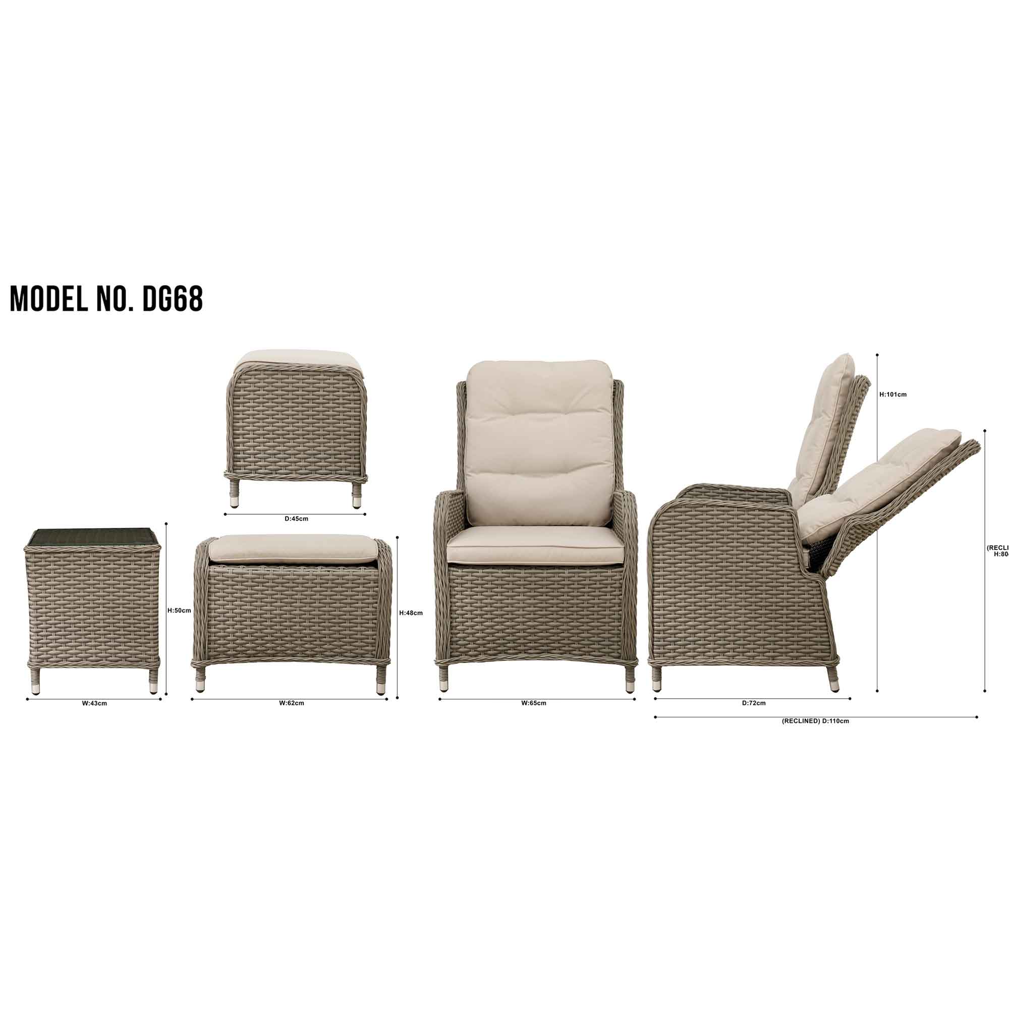 Chester Rattan Wicker Outdoor Recliner Chair & Coffee Table Set - Brown Patio Furniture for Backyard, Poolside or Garden Relaxation | DG68