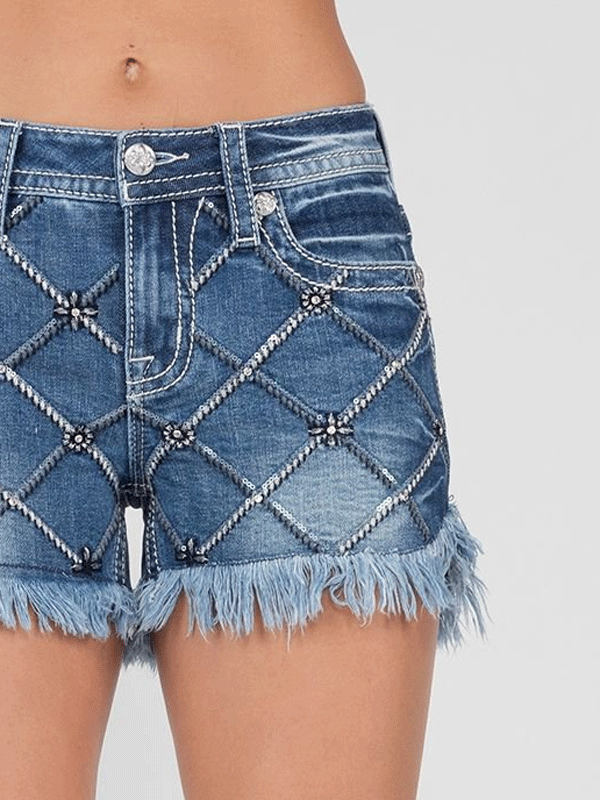 Miss Me M9276H Women's Mid Rise Latticework Embroidered Denim Shorts in Blue - Perfect for Summer Outfits, Casual Wear & Beach Vacations