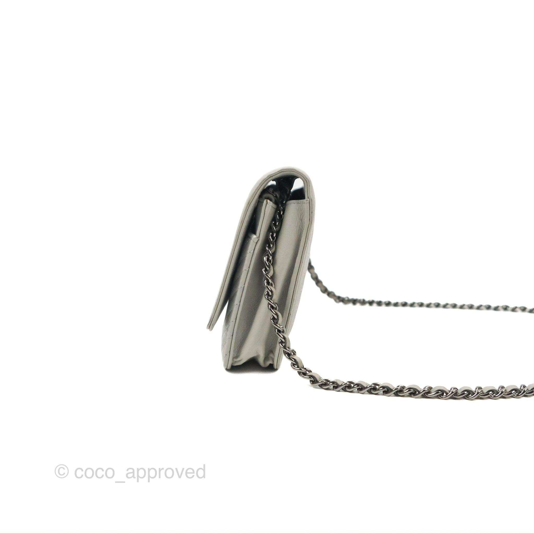 Chanel Chevron Boy Wallet on Chain WOC in Grey Lambskin with Gun Metal Hardware - Luxury Crossbody Bag for Women, Perfect for Evening Events & Daily Use