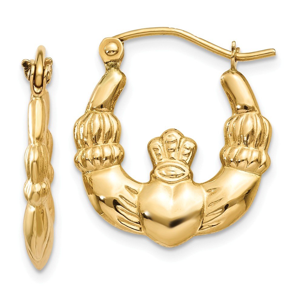 14K Yellow Gold Polished Claddagh Hoop Earrings - 10mm x 2mm Irish Celtic Love Knot Jewelry - Perfect for St. Patrick's Day, Weddings & Gifts