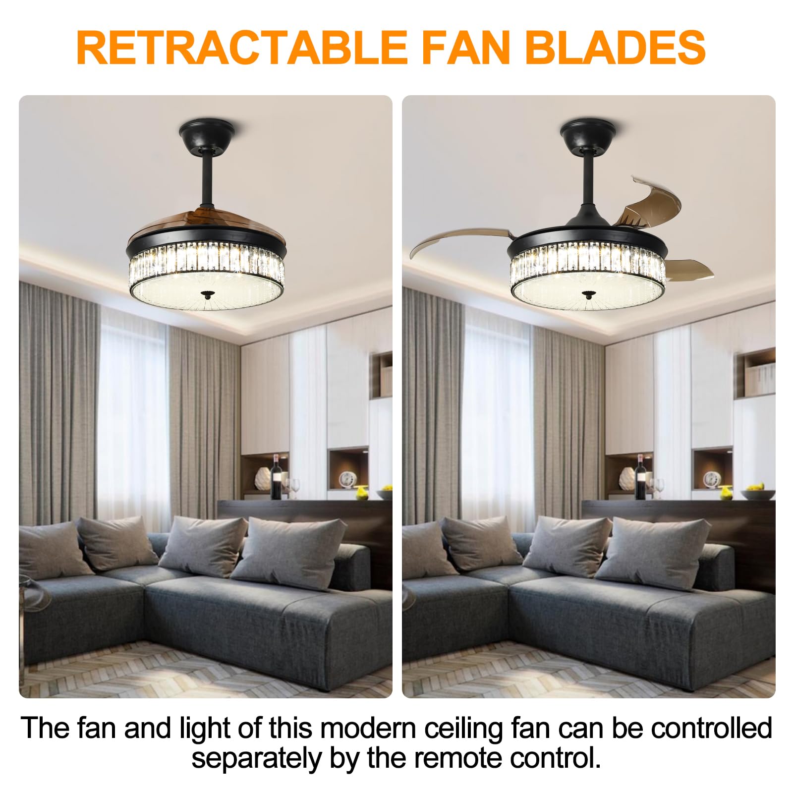 Depuley 36 Inch Crystal Ceiling Fan with Light, Reversible Retractable Blade 6-Speed LED Ceiling Fan with Remote Control - Perfect for Bedroom, Living Room, and Home Office