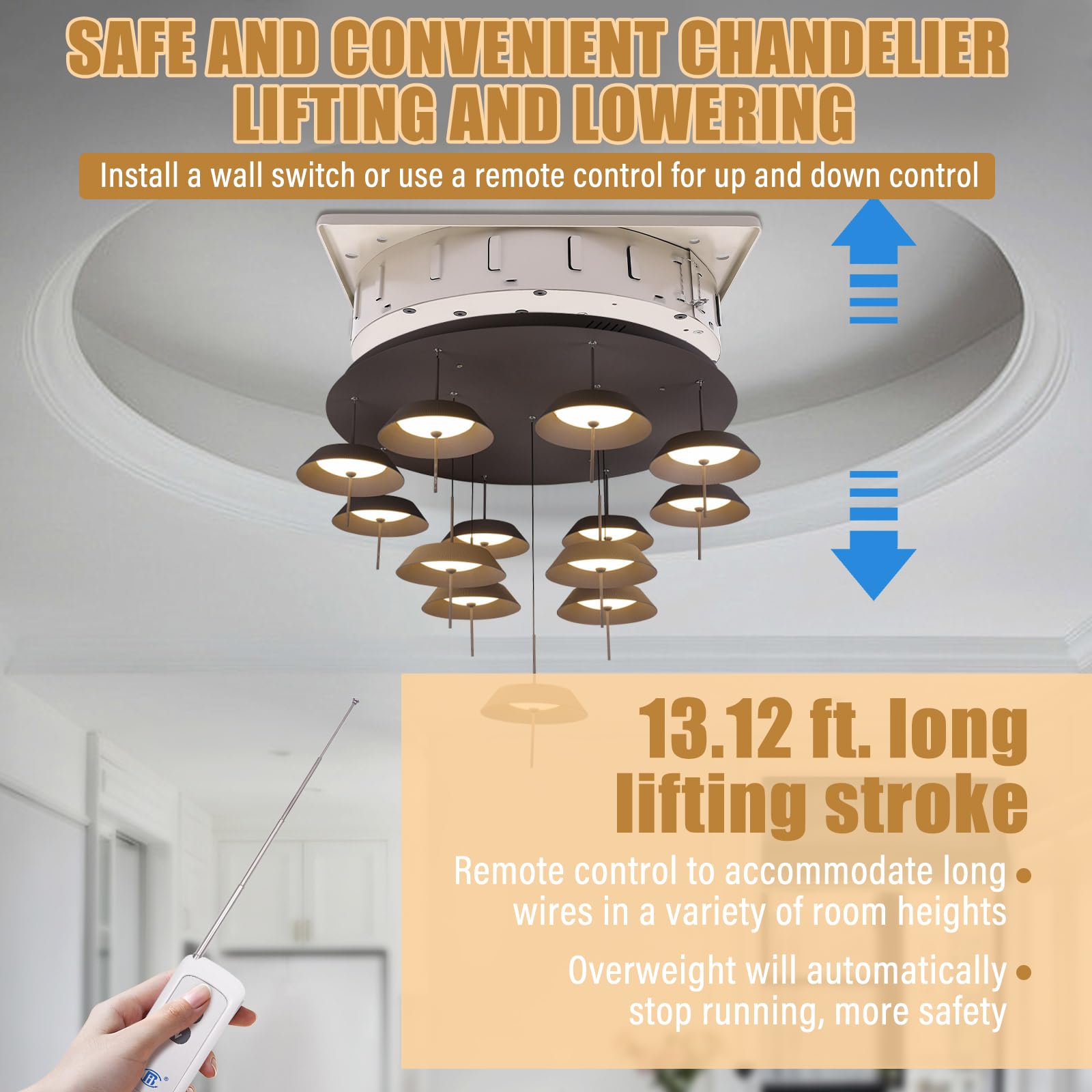 220LBS 13.12FT Motorized Chandelier Hoist Lift System - Heavy Duty Electric Ceiling Light Lifter with Wall Switch & Remote Control - Perfect for High Ceiling Homes, Villas, and Event Venues