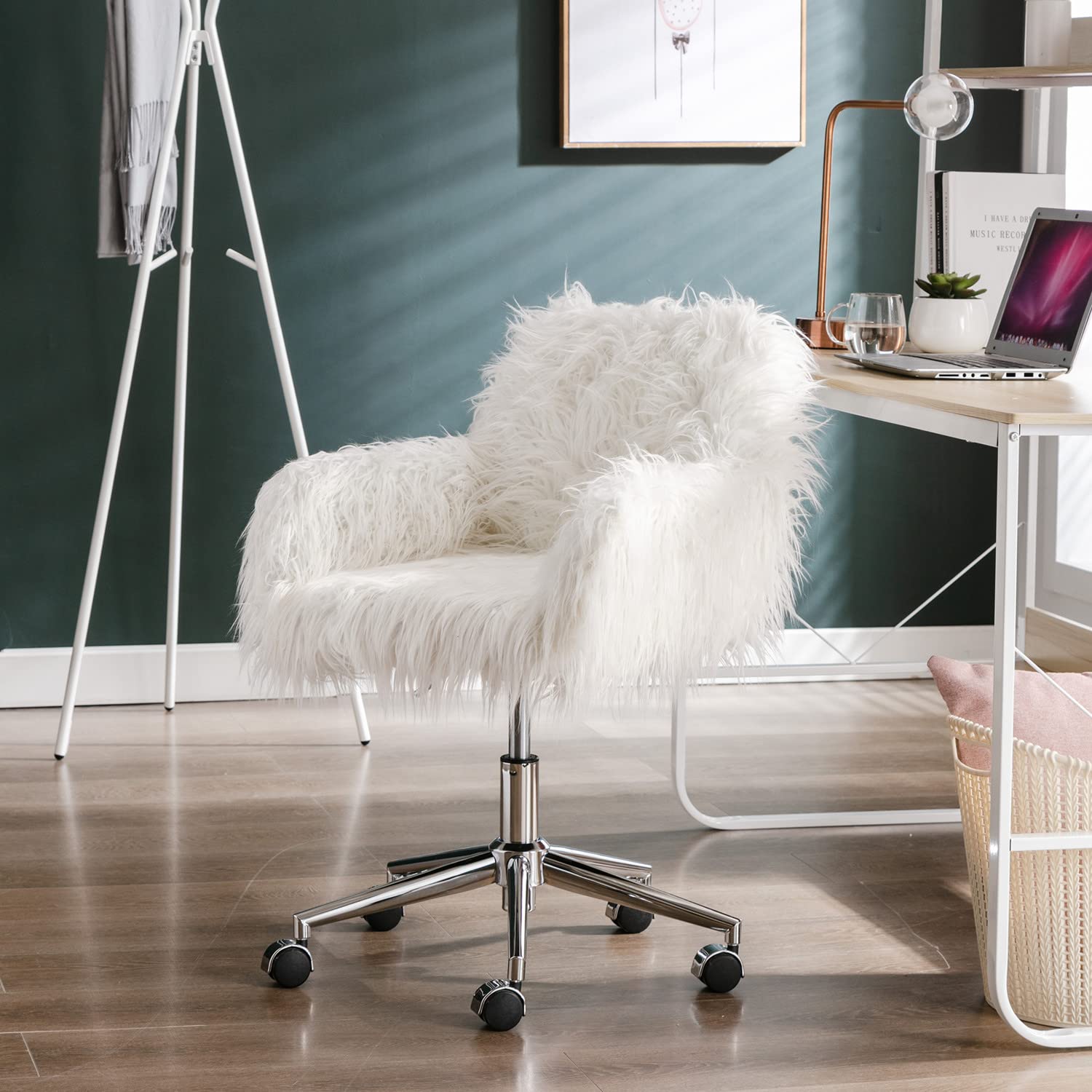 White Faux Fur Swivel Desk Chair with Wheels & Adjustable Height - Cute Vanity Chair for Home Office, Gaming, Study & Makeup Station - Chrome Base Accent Chair
