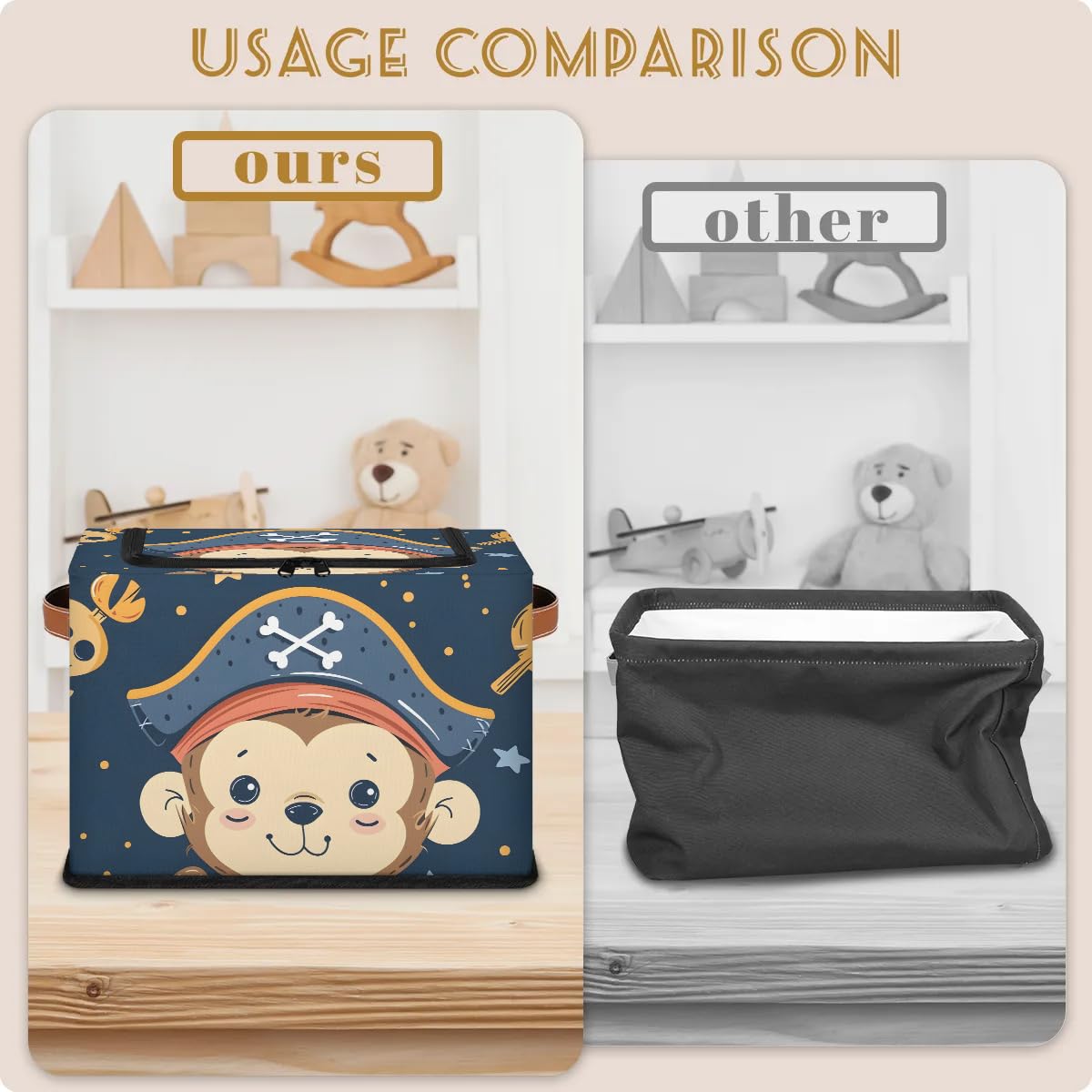 Monkeys Pirate Skeleton Storage Bins with Zipper Lid - 2 Pack Stackable Storage Baskets with Metal Frame, PU Handles - Closet Organizer Cube for Clothes, Toys & Home Organization - Perfect for Bedroom, Kids Room & Dorm Storage