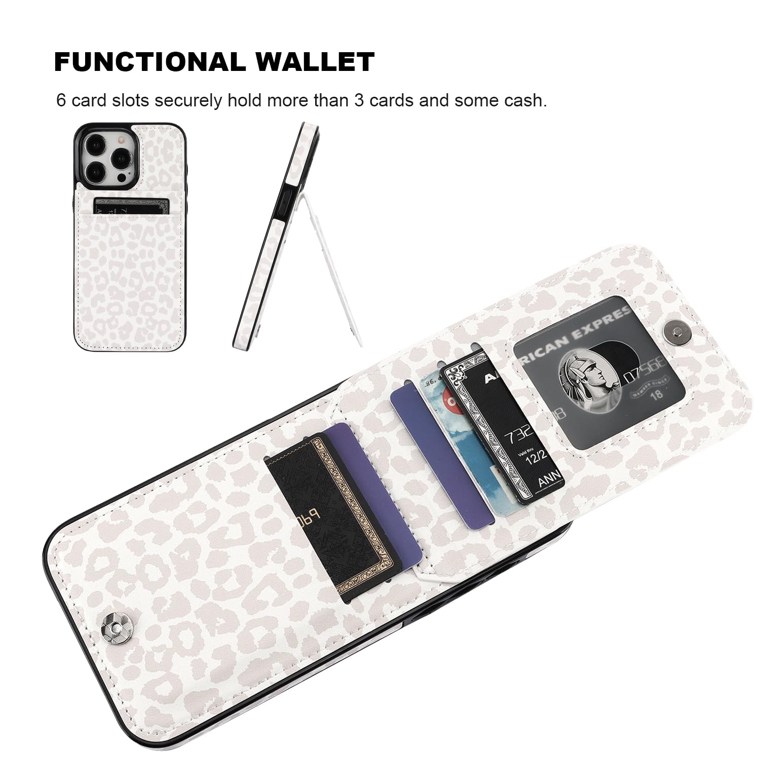 Vaburs iPhone 15 Pro Max Case Wallet - Premium PU Leather Magnetic Flip Cover with Credit Card Holder | White Leopard Cheetah Pattern | Shockproof Protective Case for 6.7