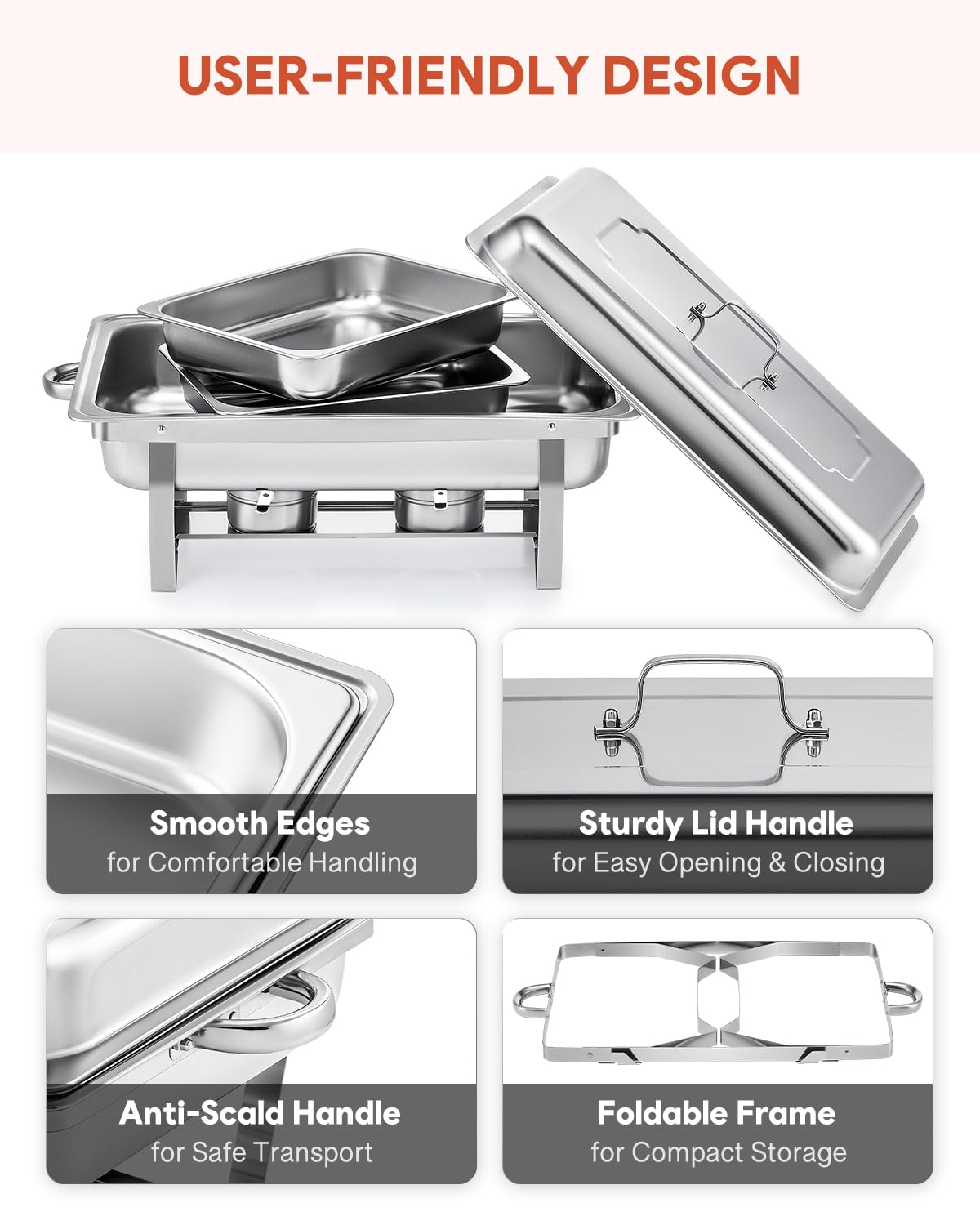 Stainless Steel Chafing Dish Buffet Set - 4 Pack 8 Qt Catering Warmers with 8 Half Size Food Pans, 4 Lids & Foldable Frames - Perfect for Parties, Buffets, Banquets, Weddings & Catering Events - Keep Food Warm for Hours